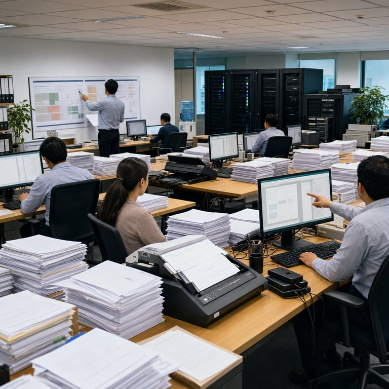 A spacious open-plan enterprise office interior features multiple generic anonymous professionals seated at long wooden desks handling stacks of physical paper documents including contracts forms and reports arranged in neat piles across the workspace surfaces with several flatbed document scanners positioned centrally on the desks next to rows of desktop computers displaying complex document layouts divided into visible rectangular bounding box regions and categorized content blocks without any readable characters or symbols present on the screens or papers a cluster of black server racks stands along the back wall indicating self-hosted infrastructure setups with cables connecting the servers to the workstations and additional portable hard drives stacked nearby on side tables for data storage while one professional stands reviewing a large printed chart on a wall board showing abstract block classification diagrams and another individual points toward a computer monitor illustrating structured extraction outputs from advanced optical character recognition processing in a competitive corporate environment filled with additional office elements such as filing cabinets water coolers potted plants and conference tables covered in more document bundles creating a realistic live-action photojournalistic scene of enterprise document workflow management involving Mistral OCR-4 technology deployment alongside references to competing systems like Chandra OCR 2 evaluated on benchmarks such as OlmOCRBench within organizations including Datalab Rogo and Anaqua all depicted through hardware objects and anonymized human figures engaged in daily operational tasks without any visible text logos numbers or identifiers anywhere in the frame emphasizing the practical application of structured data extraction tools in a June 2026 business context amid multiple simultaneous technology releases in the frontier models sector the entire composition densely packed with layered details including varied paper textures monitor bezels keyboard arrangements ergonomic chairs network switches ventilation grilles ceiling tiles floor carpeting and subtle reflections on glossy desk surfaces to convey a fully immersive real-world setting grounded exclusively in the core subject of enterprise-grade document processing and self-hosting capabilities