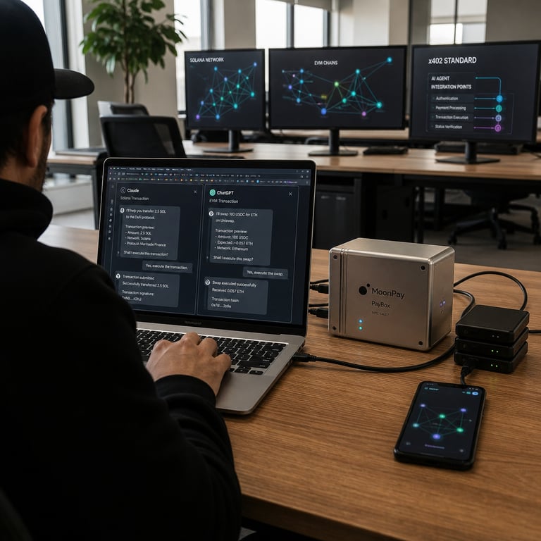 A lone anonymous figure sits at a minimalist wooden desk in a modern open-plan office environment with neutral gray walls and large windows allowing natural daylight to illuminate the workspace. On the desk surface rests a silver laptop computer with its screen displaying multiple open browser tabs featuring conversational chat interfaces of AI systems known as Claude and ChatGPT actively engaged in financial transaction workflows on the Solana blockchain network. Adjacent to the laptop is a compact metallic hardware device representing the MoonPay PayBox secure non-custodial MPC vault connected via visible cables to the computer and a secondary smartphone device showing blockchain network activity indicators without any visible lettering or symbols. The figure's hands rest on the keyboard in a natural typing posture while the overall composition includes subtle background elements such as additional generic computer monitors displaying abstract network diagrams referencing Solana and EVM chain interactions along with the x402 standard integration points. The scene emphasizes physical hardware components including the MPC vault enclosure with indicator lights active a stack of secure cryptographic modules and connecting cables arranged neatly to convey the direct integration allowing AI agents to execute transactions within chat interfaces. The office setting features neutral office furniture a potted plant in the corner and soft ambient reflections on the desk surface highlighting the tangible real-world technology setup for secure blockchain operations. Additional details include the precise positioning of the PayBox hardware unit next to the laptop the smartphone placed at an angle showing Solana transaction processing indicators the ergonomic chair partially visible and the clean organized desk layout conveying a professional environment where AI systems like Claude and ChatGPT function as financial agents on Solana and EVM chains through MoonPay PayBox MPC vaults and x402 standard protocols in a live action photographable moment.