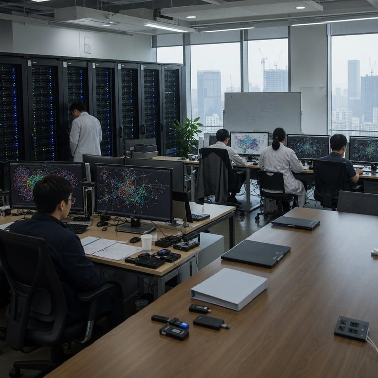 A dense realistic live-action photograph of an anonymous modern Chinese technology research office interior in a high-rise building in a major coastal Chinese city, featuring rows of black server racks with blinking indicator lights along one wall representing computational infrastructure for a large-scale artificial intelligence model, multiple desks with flat-screen monitors displaying complex multicolored neural network diagrams and abstract data flow visualizations without any readable text or numbers, several generic anonymized professionals wearing business casual attire and white lab coats seated with backs partially turned toward the viewer while typing on keyboards and examining printed documents that appear sparse and minimal in content, scattered USB drives and external hard drives on the desks symbolizing data storage for model training, a central conference table holding closed laptops and a single thick binder with blank cover indicating absence of detailed performance metrics or usage specifications, large floor-to-ceiling windows revealing a hazy urban skyline with distant skyscrapers and construction cranes under overcast daylight, subtle reflections on polished concrete floors, potted plants in corners for environmental detail, electrical cables neatly bundled along walls and under desks, ventilation grilles and air conditioning units visible in the ceiling, a whiteboard in the background wiped mostly clean except for faint erased marker strokes, overall atmosphere conveying a recent product introduction event for an advanced domestic AI system with emphasis on incomplete supporting documentation through the presence of empty folders and limited printed materials, numerous small details including coffee cups, ergonomic chairs, wall outlets with power strips, subtle shadows from overhead fluorescent fixtures, and layered textures of fabric on clothing, metal on hardware casings, and matte plastic surfaces throughout the workspace to create a fully grounded photojournalistic capture of the launch setting.