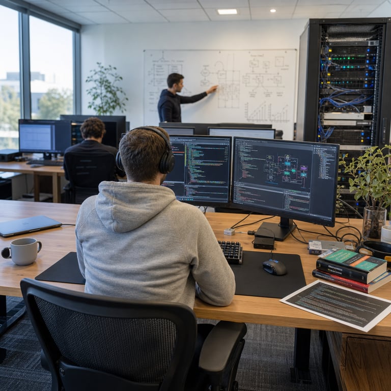 A back-view photograph of an anonymous software developer seated at a spacious wooden desk in a modern open-plan technology office workspace with large windows allowing natural daylight to illuminate the area, the individual wearing a plain gray hoodie and headphones while focused on dual computer monitors displaying complex syntax-highlighted programming code structures and algorithmic flowcharts without any readable text or labels, a mechanical keyboard and ergonomic mouse positioned on a large mousepad in front, a ceramic coffee mug placed to the side alongside a closed laptop connected via cables to external hard drives and a small network router symbolizing distributed model hosting infrastructure, scattered technical reference volumes and printed code printouts on the desk surface, a potted plant in the corner adding greenery, in the mid-background a tall server rack cabinet with blinking status lights and organized cabling representing computational resources for large language model training and inference, nearby a second anonymous colleague standing and pointing toward a shared whiteboard covered in abstract diagrams of neural network architectures and performance metrics charts, the overall environment featuring neutral-toned walls, carpeted flooring, additional desks with similar setups in soft focus showing collaborative coding activity, subtle details including charging cables, USB drives, and ergonomic office chairs throughout the sunlit room evoking the practical deployment and community-driven development of advanced open-source coding systems like those hosted on collaborative platforms for benchmarking efficiency gains in token processing and competitive performance against proprietary alternatives, with precise attention to realistic textures of wood grain on furniture, fabric weaves on clothing, metallic finishes on hardware components, and the natural arrangement of everyday objects in a productive engineering setting that captures the essence of releasing and iterating on specialized AI coding tools without any visible branding or identifiers.