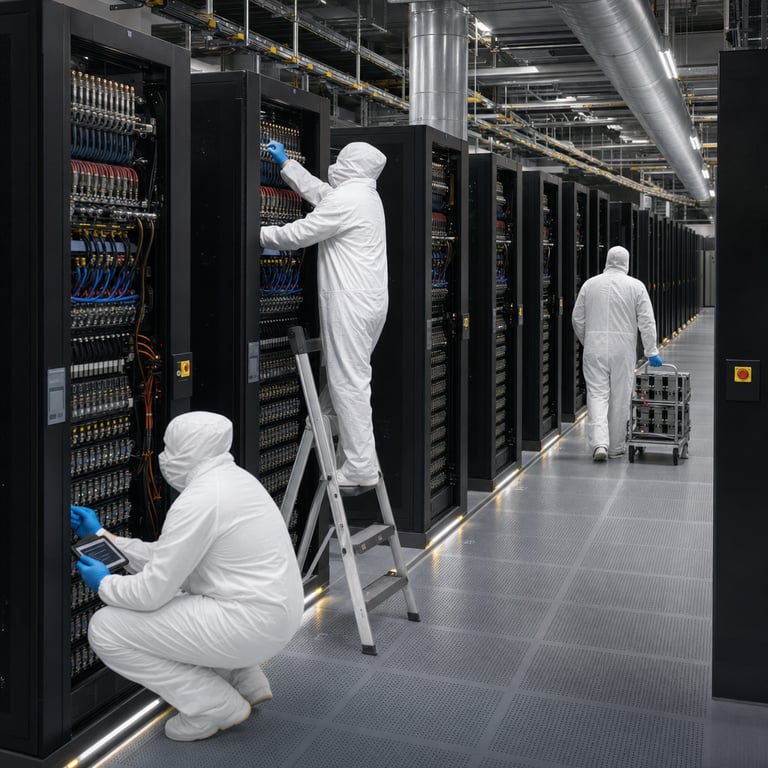 Inside a vast windowless data center facility operated by Moonshot AI the scene shows rows upon rows of identical black server racks stretching into the distance each rack densely packed with GPU accelerator cards connected by thick bundles of fiber optic cables and liquid cooling pipes the floor is raised with perforated metal tiles allowing chilled air to flow upward the ceiling features massive HVAC ducts and overhead cable trays filled with neatly organized power and data lines several anonymous technicians wearing standard white cleanroom suits and blue gloves are positioned at different points along the aisle one technician is kneeling beside an open rack door using a handheld diagnostic tablet to inspect internal components another stands on a small step ladder reaching into a higher shelf to adjust a cooling manifold a third technician walks between racks pushing a wheeled cart loaded with replacement hardware modules the environment includes visible temperature monitoring panels mounted on the ends of each row emergency lighting strips along the floor and safety signage without any readable text the overall atmosphere conveys the immense scale required to support a 2.8 trillion parameter model such as Kimi K3 with its 1 million token context window the hardware infrastructure directly supports the Kimi API Platform which experienced overwhelming demand leading to a temporary subscription pause before the planned open weights release on July 27 the setting emphasizes industrial precision with uniform rack spacing reflective metal surfaces and consistent lighting from overhead fluorescent panels creating a realistic photojournalistic view of frontier model deployment infrastructure without any human faces turned toward the viewer or any distinguishable logos or markings on equipment