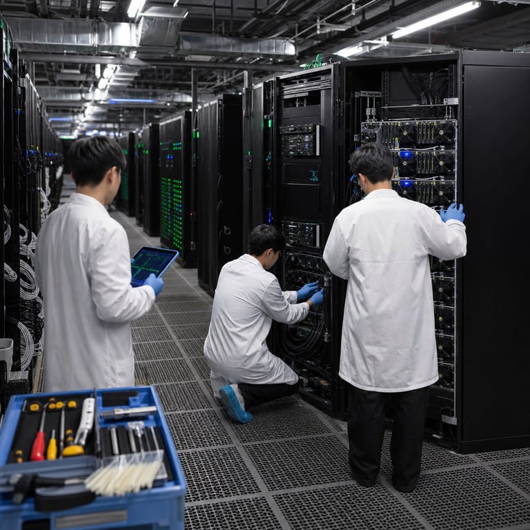 Inside a vast windowless data center facility operated by a major Chinese artificial intelligence company, rows of identical black server racks stretch into the distance under bright overhead industrial lighting, each rack filled with densely packed graphics processing units and specialized accelerator hardware cooled by visible liquid cooling pipes and ventilation fans. In the foreground, three anonymous technicians wearing white lab coats and blue protective gloves work with their backs turned to the camera, one kneeling to connect thick black data cables between adjacent server units while another stands adjusting a control panel on an open rack door revealing internal components including multiple circuit boards with visible heat sinks and memory modules. A third technician holds a rugged tablet device displaying abstract colorful graphs and network diagrams without any readable characters or symbols. The floor consists of raised perforated metal tiles allowing airflow, with scattered tool carts holding screwdrivers, cable ties, and diagnostic equipment positioned nearby. In the midground, additional server aisles contain humming machinery with small status indicator lights glowing green and blue, while large ventilation ducts run along the ceiling and bundles of fiber optic cables snake between racks. The background shows further depth with more identical hardware installations fading into perspective, emphasizing the immense scale of the computational infrastructure supporting a multimodal frontier model with trillions of parameters, specialized attention mechanisms, mixture of experts architecture, and extended context handling capabilities for agentic coding tasks. The entire environment conveys industrial precision, high technology deployment, and collaborative engineering effort in a real-world operational setting without any signage, labels, or textual elements visible anywhere.