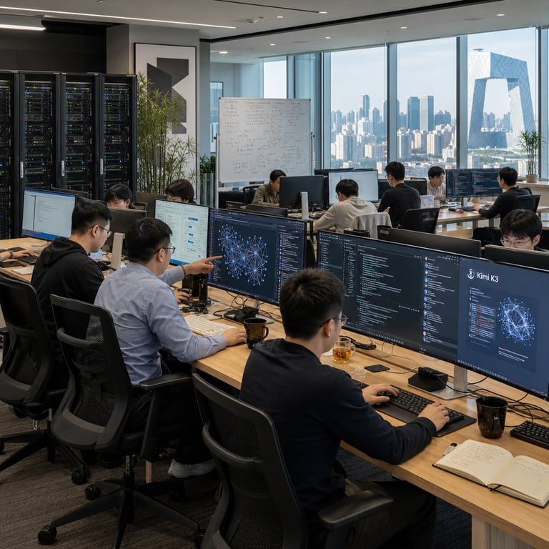 In a modern open-plan office located on an upper floor of a glass-and-steel high-rise building in central Beijing a group of anonymous professionals dressed in business casual attire sit at long wooden desks equipped with multiple large flat-screen monitors displaying intricate neural network diagrams colorful data flow charts and interactive chat interfaces representing the Kimi K3 large language model developed by Moonshot AI. The workspace features rows of sleek black server racks humming quietly along one wall with visible cabling and indicator lights suggesting the computational infrastructure behind the recent breakthrough. On the desks are scattered technical notebooks wireless keyboards ergonomic mice and cups of tea while the professionals lean forward pointing at screen elements and discussing model performance metrics in a collaborative manner. Through the floor-to-ceiling windows the Beijing cityscape unfolds with distant views of the iconic CCTV headquarters building and surrounding skyscrapers under a clear sky symbolizing the startup's rapid growth to a thirty-five billion dollar valuation after securing three point five billion dollars in funding. In the background a conference table holds printed reports and binders associated with the National Artificial Intelligence Industry Investment Fund participation in the oversubscribed round while subtle architectural details include minimalist Chinese-inspired decor elements such as potted bamboo plants and abstract geometric wall art without any lettering. The professionals include individuals of East Asian descent with short black hair and others with varied hairstyles all focused intently on their tasks representing the Beijing-based Moonshot AI team advancing frontier AI capabilities toward potential future Hong Kong IPO preparations. Additional details include ergonomic office chairs with mesh backs adjustable monitor arms neatly organized cable management systems under desks whiteboards covered in handwritten equations and diagrams related to AI training processes and a distant view of the office reception area with a large digital display showing abstract AI-themed graphics. The entire environment conveys a high-stakes professional atmosphere of innovation and expansion grounded in the company's achievement with Kimi K3 and major institutional backing from the National Artificial Intelligence Industry Investment Fund in the competitive landscape of Chinese artificial intelligence development.