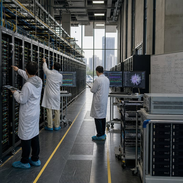 Inside a spacious modern server facility located in a Beijing technology park an array of tall black server racks filled with densely packed GPU accelerator cards and high speed networking switches lines both sides of a long central aisle creating a corridor of blinking indicator lights and thick bundles of fiber optic cables running along overhead trays and floor channels while three anonymous technicians wearing plain white lab coats and blue shoe covers stand with backs turned to the viewer examining multiple flat panel displays mounted on rolling carts that show intricate multicolored graphs representing neural network layer activations parameter distributions and token processing throughput metrics one technician points toward a rack while holding a diagnostic tablet another adjusts a cable connection on an open chassis door revealing rows of liquid cooled compute modules and the third makes handwritten notes on a clipboard the background features floor to ceiling windows revealing an overcast urban skyline with distant high rise buildings and a partial view of a parking area containing several white delivery vans near the loading dock additional elements include a large wheeled equipment cart stacked with sealed black storage drives and cooling units a wall mounted whiteboard covered in abstract diagrams of attention mechanisms and context window scaling charts rows of identical server units labeled only with small status LEDs a central aisle floor marked with yellow safety lines and ventilation grates and subtle architectural details such as exposed concrete pillars and recessed ceiling panels housing air handling systems that emphasize the industrial scale of the hardware deployment supporting a massive open weight artificial intelligence model release the entire composition centers on the tangible physical infrastructure of compute clusters data interconnects and maintenance activity without any readable markings or external branding to illustrate the competitive positioning of a Chinese developed frontier scale system against international counterparts through the sheer volume and density of operational hardware