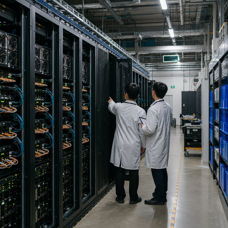 Inside a vast temperature-controlled data center operated by MoonshotAI the scene shows multiple rows of tall black server racks filled with densely packed GPU modules interconnected by thick bundles of fiber optic cables in blue and orange hues with status indicator lights glowing steadily in green and amber patterns across the front panels representing the computational infrastructure for the Kimi K3 2.8 trillion parameter mixture of experts frontier model several anonymous technicians wearing white lab coats and safety badges stand with their backs to the viewer examining rack-mounted diagnostic panels one technician points toward a central rack while another holds a tablet device displaying system metrics without any visible lettering or symbols cooling fans spin visibly inside vented enclosures and liquid cooling pipes run along the ceiling in organized parallel lines overhead fluorescent lighting illuminates the polished concrete floor reflecting faint shadows of the equipment the background features additional server aisles extending into the distance with emergency exit signs visible but blank and no markings on any surfaces the environment includes neatly arranged cable trays overhead air handling units mounted on walls and rows of spare component storage bins along one side of the room emphasizing the scale of hardware deployment for immediate API access services scheduled open weights release and performance in coding benchmarks relative to other frontier models such as Claude Fable 5 and GPT-5.6 Sol the overall composition captures the operational reality of deploying a large scale open model with all elements grounded in physical hardware settings generic personnel and facility infrastructure associated with MoonshotAI and Arena.ai evaluation contexts without any human faces turned toward the viewer or identifiable features the scene includes subtle details like dust filters on intake vents floor markings for maintenance pathways and organized tool carts positioned between rack rows to convey the industrial precision of frontier model hosting environments the technicians appear focused on routine monitoring tasks illustrating the transition from closed proprietary systems to accessible open weights infrastructure in a real world technology deployment setting.