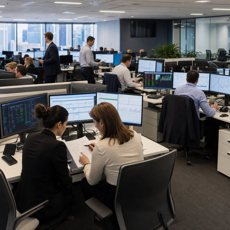 Inside a expansive open-plan office suite belonging to a leading global financial services institution a large team of professional financial advisors occupies rows of modern ergonomic workstations outfitted with multiple thin-bezel computer monitors keyboards wireless mice and secure document trays the advisors appear as generic anonymous adults of diverse ages genders and ethnic backgrounds dressed in standard business attire such as collared shirts blouses tailored trousers and blazers with identification badges visible only as blurred shapes on lanyards several advisors sit facing their screens with hands positioned on keyboards or mice in active consultation postures one advisor leans slightly forward examining a spreadsheet-style display of portfolio metrics another advisor gestures subtly toward a neighboring colleague while both review printed financial statements and bound company policy binders stacked neatly on the desk surfaces the workspace includes neutral-toned carpet modular partition walls with subtle corporate color accents potted plants for acoustic softening and overhead recessed lighting creating even illumination across the area background elements feature additional advisors walking between desks carrying secure document folders or pausing at shared printer stations with paper trays filled with reports large windows in the distance reveal a blurred city skyline indicating an urban high-rise location throughout the scene the emphasis rests on collaborative yet individual workflows where each advisor interacts with digital interfaces and physical company documents symbolizing internal knowledge retrieval systems the composition captures a moment of high engagement with no visible screens displaying any readable content only abstract graphical charts and interface layouts the advisors exhibit focused expressions and natural body language consistent with routine daily advisory tasks involving client portfolio reviews risk assessments and compliance checks additional details include subtle elements like charging cables neatly organized on desk surfaces ergonomic chairs adjusted to different heights water bottles and coffee mugs placed at arm's reach secondary monitors showing multi-window arrangements with graphs and tables and distant views of conference rooms with glass walls containing empty chairs and wall-mounted displays the entire environment conveys a professional financial services atmosphere grounded in institutional settings with emphasis on technology integration for advisor support the scene remains strictly live-action photographic with realistic textures on fabrics skin tones furniture materials and office equipment no symbolic overlays or artificial constructs are present ensuring the image truthfully represents widespread internal adoption of a proprietary document-based assistant tool within the financial sector