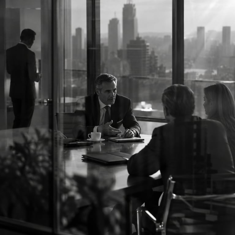 Advisor meeting with clients through glass partition, tablet face-down, city haze outside, Morgan Stanley wealth office.