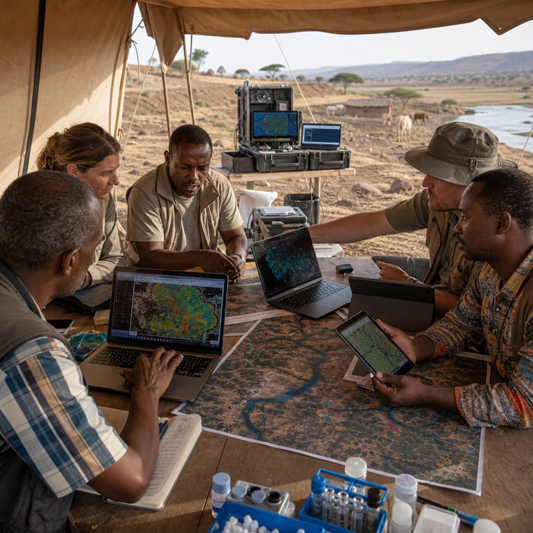 In a modest field research station set against the arid Ethiopian highlands with distant hills and scattered acacia trees under open sky a team of anonymous local health workers and international researchers sit around a large wooden table covered with printed satellite maps and laptop computers displaying layered geospatial data visualizations of water bodies and vegetation indices. The researchers point to color-coded risk zones on the screens that represent machine learning model outputs forecasting potential schistosomiasis transmission sites derived from satellite imagery and environmental variables. One worker holds a tablet showing overlaid predictions of freshwater snail habitats near a nearby river while another gestures toward a printed chart comparing historical outbreak locations with current proactive forecasts. The background includes simple tents with equipment cases open revealing additional monitors and data storage units all situated on dry earth with sparse grass. The scene captures the partnership between NALA Foundation and Lemonade Foundation alongside University of Haifa expertise through generic figures collaborating on shifting disease surveillance from reactive measures to forward-looking AI-driven risk assessment without any visible text or logos. Details include weathered hands adjusting screen brightness on devices showing infrared satellite overlays of Ethiopian landscapes specific focus on riverine areas prone to parasitic disease vectors and the overall composition emphasizing practical deployment of satellite data and machine learning algorithms in real-world Ethiopian settings for schistosomiasis prediction initiatives. Additional elements feature notebooks filled with handwritten notes on environmental sampling results water testing kits placed on the table edges and a distant view of village structures along with livestock paths leading toward the water source all contributing to a grounded photojournalistic representation of the AI pilot program in action. The environment includes subtle dust particles in the air typical of highland regions rugged terrain with rocky outcrops and the researchers wearing practical field attire such as vests and hats appropriate for outdoor data analysis sessions focused on public health forecasting.
