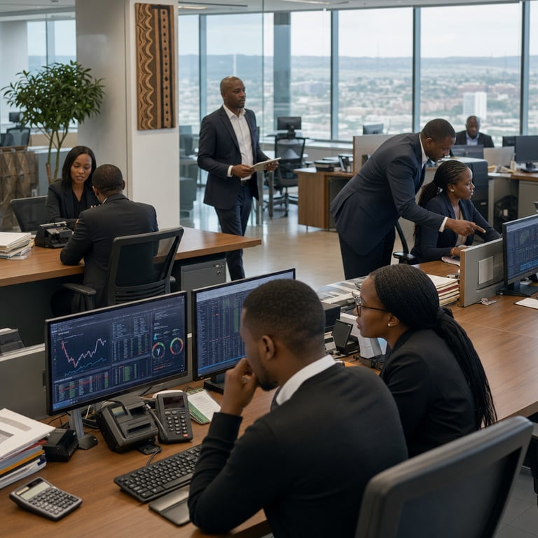 Inside a spacious open-plan banking office located in Nairobi Kenya with large windows overlooking the city skyline and distant savanna hills visible through the glass an anonymous diverse group of East African bank professionals including men and women of various ages dressed in formal business attire sit and stand around long wooden conference tables and individual workstations equipped with multiple computer monitors displaying financial dashboards graphs and data visualizations. The professionals are engaged in collaborative tasks such as reviewing automated reports analyzing customer transaction patterns and optimizing internal processes with some individuals pointing at screens while others type on keyboards or discuss printed charts held in their hands. Subtle elements include secure banking hardware like card readers and document scanners on desks alongside stacks of physical folders and calculators indicating systematic integration of artificial intelligence tools for operational efficiency. The environment features modern corporate furniture neutral colored walls with abstract African patterned artwork and potted plants adding a touch of local cultural context without any words or symbols. Several staff members are captured mid-action with one person walking between desks carrying a tablet another leaning over a colleague's shoulder to examine a shared screen and others seated in ergonomic chairs focused on their tasks demonstrating measurable productivity improvements through AI embedding. The scene conveys a sense of organized teamwork and technological advancement in East African financial services with soft natural daylight illuminating the space highlighting the clean professional atmosphere of the NCBA Group workplace where thirty seven distinct AI applications contribute to substantial man hour reductions and overall performance gains. Detailed textures include the grain of wooden tables the matte finish of monitor bezels the fabric of business suits and the subtle reflections on polished floor tiles all contributing to a realistic live action photojournalistic capture of daily operations in a leading regional bank focused on innovation driven growth.