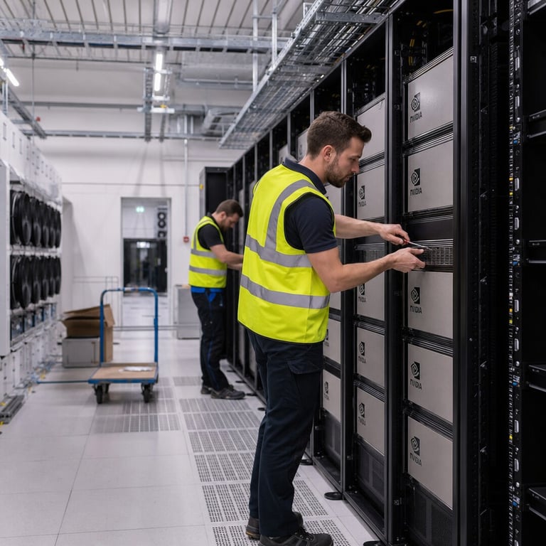 Engineers in high-visibility vests install rows of NVIDIA GPU server racks inside a large, brightly lit data center hall in the United Kingdom, with cooling systems and power cabling visible throughout the facility.
