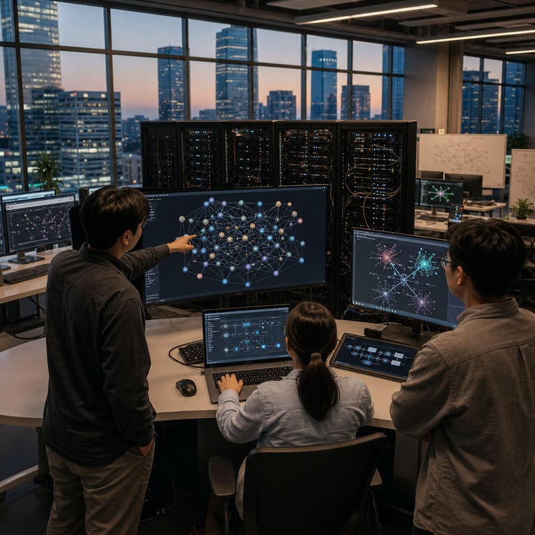 Inside a modern enterprise technology operations center with floor-to-ceiling windows overlooking an urban skyline at dusk, three anonymized professionals wearing plain business-casual attire stand with their backs partially turned toward the viewer around a large curved workstation desk. One person gestures toward a central monitor displaying an intricate three-dimensional knowledge graph composed of glowing interconnected spherical nodes linked by thin directional lines representing multi-hop relationships and traceable data paths without any readable labels or symbols. A second professional sits at the desk operating a laptop whose screen shows layered state-machine flow diagrams with branching agent decision paths and evaluation checkpoints rendered as abstract geometric shapes and arrows. The third individual examines a secondary display illustrating vector-based similarity searches and hybrid retrieval results visualized through clustered point clouds connected to central graph structures. Behind the desk, rows of black server racks with visible cabling and indicator lights occupy the mid-ground, suggesting large-scale graph database infrastructure and vector indexing systems. On the desk surface rest additional peripherals including a tablet showing simplified agent workflow timelines, a keyboard, and a mouse, all positioned amid subtle reflections on the polished desk surface. The overall environment features neutral office lighting, ergonomic chairs, organized cable management trays beneath the desk, and distant background elements such as whiteboards covered in non-text diagrams, potted plants, and additional unoccupied workstations with similar graph visualizations on their screens. The entire composition emphasizes collaborative monitoring of production-grade AI agent systems that combine graph-based retrieval with stateful orchestration for reduced factual errors and improved reasoning traceability in enterprise workflows.