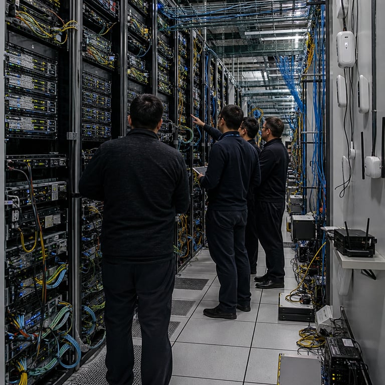 A sprawling enterprise data center interior features multiple rows of tall black server racks filled with densely packed hardware units including GPU clusters and blade servers connected by thick bundles of multicolored network cables stretching across raised flooring and overhead cable trays representing expanded non-human workloads and machine identities in an AI-augmented environment with visible additional peripheral devices plugged into side ports and unsecured wireless access points mounted on walls indicating shadow AI proliferation and increased attack surfaces a group of anonymous IT professionals in dark business casual attire stand with backs turned examining rack-mounted equipment and portable diagnostic tablets while one individual points toward a cluster of interconnected machines symbolizing legacy tool limitations and urgent governance needs for machine identities the background shows further aisles of humming equipment with blinking indicator lights in blue and green tones on chassis panels cold air vents along the floor perimeter and organized cable management systems contrasted against a few disorganized cable runs and extra standalone computing units placed on the floor to depict the fourteen percent expansion of enterprise attack surfaces from AI integration all elements grounded in a realistic corporate technology facility with no visible text or logos anywhere the scene captures the universal recognition of AI-driven risks through the sheer volume and complexity of interconnected hardware and anonymous figures focused on monitoring and securing the infrastructure in a single continuous live-action photographable composition
