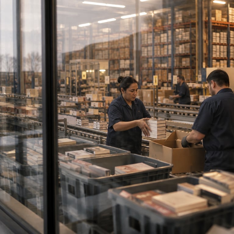 Workers sorting books on a conveyor at a Nippan Group distribution center, seen through glass.