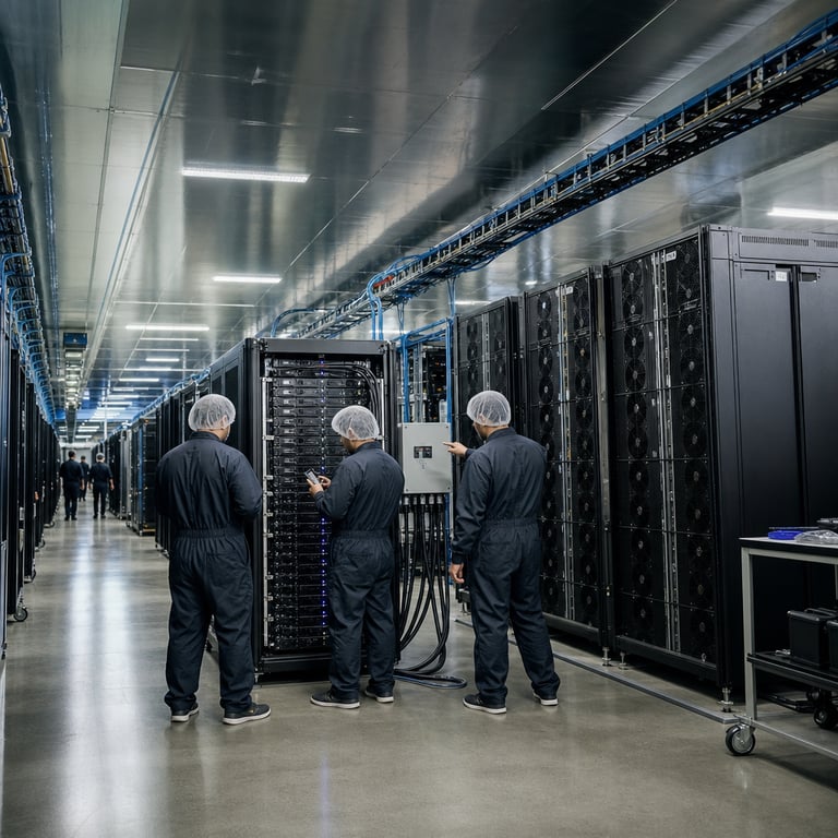 Inside a vast climate-controlled data center facility multiple rows of tall black server racks stretch into the distance under even overhead illumination with visible cooling vents and bundled fiber optic cables running along overhead trays and floor channels. In the foreground a compact single-rack computing unit with dense blade enclosures sits between two much larger multi-rack installations the smaller unit connected by thick power cables and network lines to monitoring stations where three anonymized technicians wearing plain dark coveralls and hair nets stand with backs to the viewer examining hardware panels and connection points on the equipment. The compact rack shows tightly packed modules and efficient airflow pathways while the adjacent larger racks display more expansive layouts with additional redundant units and extended cabling arrays. One technician holds a handheld diagnostic device near an access panel on the compact unit while another points toward a junction box linking the systems together illustrating parallel operation. The background reveals further server aisles with identical compact and oversized configurations side by side under uniform industrial flooring and reflective ceiling panels that multiply the visual depth of the installation. Subtle details include neatly arranged cable management clips color-coded conduit bundles ventilation grilles on rack doors and faint reflections of the hardware on polished concrete surfaces emphasizing the production-scale environment focused on inference efficiency and architectural hybrid design rather than sheer scale. Additional elements feature neatly stacked spare components on rolling carts nearby empty workspaces with tool trays and distant figures walking between aisles carrying equipment cases all contributing to a realistic live-action documentation of high-performance computing hardware deployment in a professional setting that highlights the balance between reduced physical footprint and competitive operational capability without any visible markings or identifiers on any surfaces.