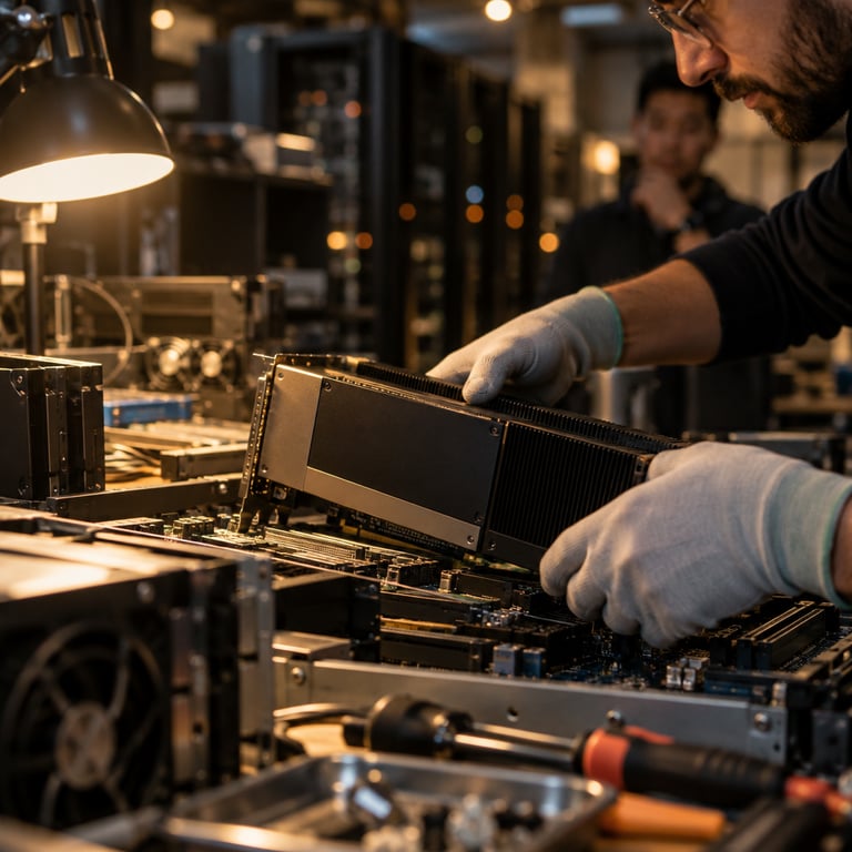 Technician installing GPU card into motherboard in a hardware lab for Nvidia Nemotron deployment.