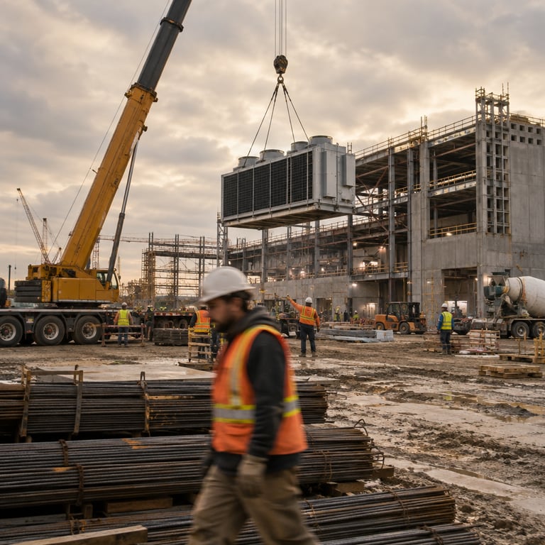 Construction site for OpenAI computing facility, workers and crane moving under overcast sky.