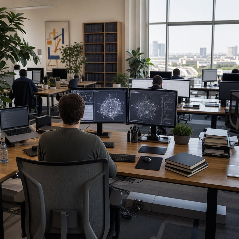 In a contemporary technology research office interior an anonymous figure sits with back to viewer at a spacious wooden desk holding a laptop computer and two additional monitor displays arranged side by side the screens exhibit dense geometric patterns abstract diagrams of interconnected shapes and curved surfaces representing theoretical structures in group theory and rigidity problems the desk surface also contains a wireless keyboard mouse pad closed notebooks stacked in neat piles and several pens arranged in a holder nearby a tall bookshelf displays rows of mathematics and computer science reference volumes with spines turned away from view potted leafy plants occupy corners and edges of the workspace multiple ergonomic chairs surround adjacent desks where other anonymous figures appear from behind engaged in similar tasks large windows along one wall show an exterior city skyline with distant buildings and roads under clear sky the floor features low pile carpet with subtle patterns electrical cables run organized beneath desks connecting to wall outlets white painted walls display non representational abstract wall hangings composed of colored shapes and lines the overall environment includes additional workstations with similar hardware setups scattered paper trays holding blank sheets a water bottle on one desk corner and a small potted succulent near the main figure this setting reflects the workspace environment at OpenAI where the Astra model conducts internal computations that generate formal proofs for longstanding problems in mathematics and theoretical computer science including the disproof of Connes’s rigidity conjecture involving non-sofic groups all such proofs are developed and verified within the Lean formal system then released publicly at low cost the scene captures the physical surroundings and tools associated with these computational advances without any readable markings or identifiers on objects the arrangement emphasizes hardware configurations bookshelves and collaborative desk areas typical of frontier model research facilities focused on automated theorem proving and abstract algebraic concepts the background shows further anonymous individuals at their stations with comparable monitor arrays and desk accessories reinforcing the institutional context of sustained research activity in theoretical computer science the composition centers on the primary workstation while extending depth through repeated elements of modern office furniture and greenery throughout the visible space