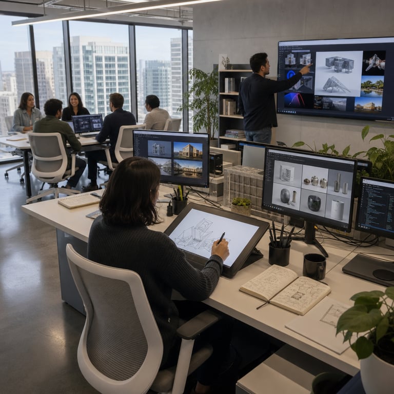 In a spacious open-plan technology office with floor-to-ceiling windows overlooking an urban skyline at midday, several anonymous professionals wearing casual business attire work at sleek white desks arranged in clusters. One individual sits with back to the viewer, using a stylus on a large tablet screen displaying abstract line drawings being refined into detailed digital illustrations, symbolizing the new Sketch Mode integration. Adjacent desks hold multiple monitors showing interfaces for image generation with smooth rendered previews of varied subjects including architectural concepts and product designs. Another worker stands nearby reviewing output on a shared large display mounted on the wall, pointing at elements without any visible text or branding. The environment includes scattered notebooks with handwritten sketches, ergonomic chairs, potted plants, charging cables neatly bundled, coffee mugs, and subtle hardware components like external drives and keyboards. Natural daylight illuminates the scene evenly across the polished concrete floors and minimalist decor featuring neutral tones and modern shelving units holding reference books on design and technology. Additional figures in the background engage in collaborative discussion around a conference table with laptops open, one displaying workflow dashboards indicative of reduced processing times and expanded access to advanced models like GPT-6 Astra through ChatGPT platforms. The overall composition captures a professional workflow focused on creative image production tools from OpenAI's latest releases including ChatGPT Images 2.5 variants such as GPT-Image-2.5 Flare and GPT-Image-2.5 Sunburst alongside Codex elements integrated into ChatGPT Work environments, emphasizing real-time collaboration and enhanced user tools without any logos or identifiers present.