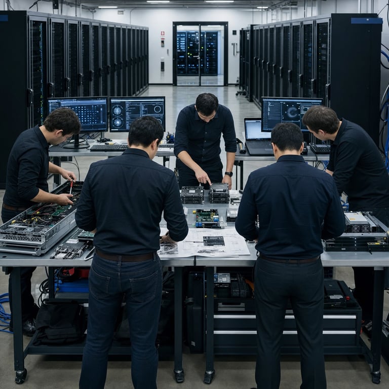 In a brightly lit secure data center facility with rows of tall black server racks humming quietly along the walls a team of five anonymous cybersecurity analysts dressed in plain dark business casual attire with their backs facing the viewer stand clustered around a large central workbench examining disassembled network hardware components including multiple circuit boards hard drives and cabling bundles spread across the surface the analysts gesture toward specific pieces of equipment while one holds a diagnostic tool near an open chassis another points to a stack of unlabeled storage drives and a third reviews printed schematics placed flat on the table the background shows additional workstations with darkened monitor screens displaying abstract graphical interfaces free of any legible content alongside closed laptop computers and neatly arranged toolkits the environment features overhead fluorescent lighting casting even illumination across polished concrete floors reflective metal surfaces and ventilation grilles the analysts exhibit focused postures with sleeves rolled up revealing generic forearms and no distinctive features or accessories the scene includes visible elements such as bundled ethernet cables coiled on the floor cooling fans on the server racks and a distant doorway leading to another section of the facility filled with identical equipment racks the overall composition centers on the collaborative inspection of physical computing hardware symbolizing controlled AI assisted cyber patching workflows for open source infrastructure projects in a professional corporate research setting with neutral color tones of grays blues and blacks dominating the palette and no individuals identifiable by face or unique traits the detailed arrangement shows precise positioning of hands tools and components creating a realistic documentary style capture of a moment during a technical evaluation session inside the facility