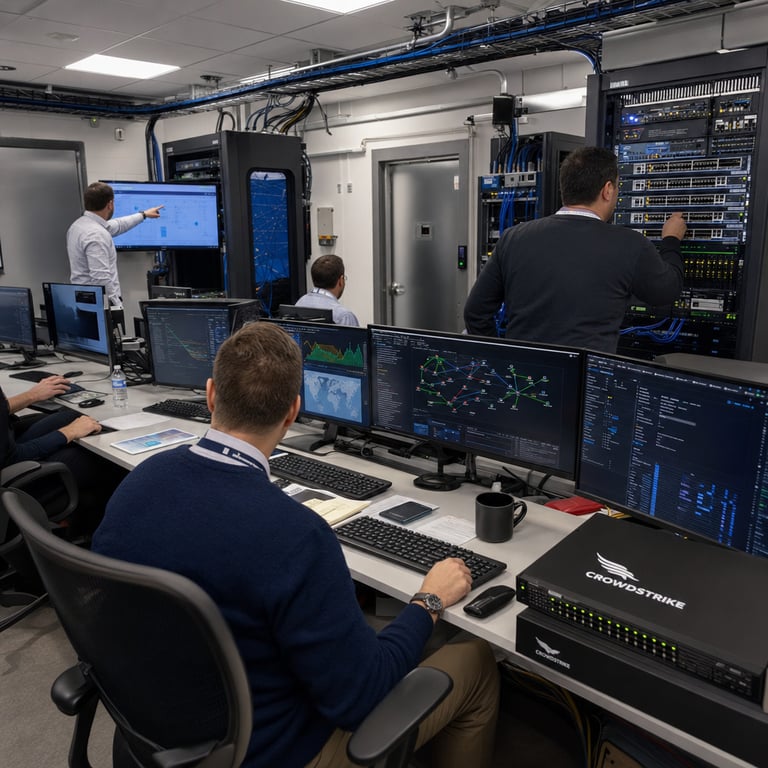 A realistic live-action scene inside a secure windowless operations facility for critical infrastructure protection shows multiple anonymous analysts in business casual attire including collared shirts slacks and sweaters seated along long modular desks arranged in rows facing banks of computer monitors connected by visible Cisco router hardware stacks and network switches mounted in open racks with bundled Ethernet and fiber cables running neatly along cable trays and under raised floor panels the analysts viewed mostly from behind or in three-quarter profile lean toward their screens while one stands pointing at a shared large monitor displaying network maps and colored data graphs another reviews printed documents spread across the desk surface near a CrowdStrike branded server unit a third analyst adjusts settings on a Palo Alto Networks firewall appliance visible in an adjacent rack the background contains Cloudflare edge server cabinets Akamai hardware modules and additional networking equipment arranged along the walls with organized cable bundles and cooling fans the overall environment features reinforced walls security sensor panels generic office chairs ergonomic keyboards mice and notepads with pens the analysts exhibit focused postures with hands on input devices or gesturing toward shared displays one analyst wears a lanyard with blank badge holder the desks hold generic coffee mugs water bottles and small personal items like wristwatches the entire composition centers on the collaborative use of integrated security hardware in a controlled professional setting for defensive cyber operations protecting essential services the scene includes subtle architectural details such as sealed doorways with electronic access panels ventilation grilles and overhead conduit runs carrying additional cabling the analysts interact with multiple vendor systems simultaneously illustrating coordinated defensive workflows in a real-world infrastructure defense center without any visible markings symbols or interfaces containing text the composition emphasizes hardware presence analyst interaction and facility infrastructure elements to represent the deployment of specialized AI tools for vetted defenders working with established security platforms in a limited access environment dedicated to safeguarding vital networks and systems.