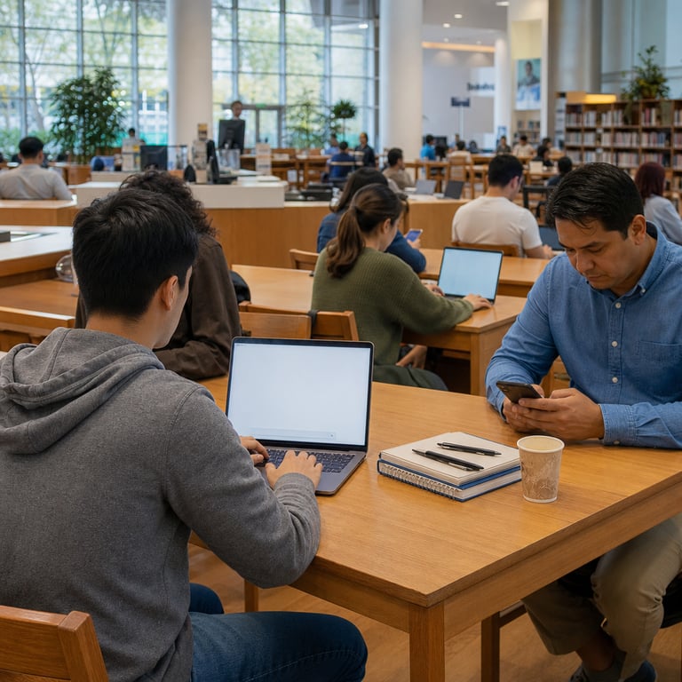 A realistic photojournalistic scene inside a spacious modern public library with tall windows allowing natural daylight to illuminate rows of wooden tables where multiple anonymous individuals sit engaged with personal computing devices representing free tier access to advanced AI chat services. In the foreground a young adult with short dark hair wearing a plain gray hoodie and jeans sits with back partially turned to the viewer holding a silver laptop open on the table displaying a blank chat interface area while their fingers rest on the keyboard in a typing posture symbolizing unlimited text interactions with GPT-5.6 Luna as the default model. Nearby another person a middle aged individual in a simple blue button down shirt and khaki pants uses a black smartphone held in both hands with thumbs positioned over the screen indicating casual mobile ChatGPT usage for everyday queries. Further back several other generic figures including a woman in a casual green sweater and a man in a white t shirt occupy adjacent tables each focused on their own laptops or tablets without any visible branding or words on screens emphasizing broad accessibility for non paying users. The environment features bookshelves filled with volumes in the background along with potted plants scattered throughout the space and soft ambient sounds implied by the quiet concentration of the users. On one table a stack of notebooks and pens lies unused next to a half finished cup of coffee illustrating the integration of AI tools into daily study or work routines. Additional details include varied skin tones and ages among the figures all anonymized with faces obscured or turned away to avoid any specific identity while diverse device types like matte black laptops thin silver tablets and older model smartphones populate the scene highlighting equitable distribution of the cost efficient GPT-5.6 Luna model to free accounts. The overall composition shows a harmonious mix of solitary and paired users some leaning forward intently others relaxed in their chairs conveying the expanded availability of text based AI conversations without premium formatting features reserved for paid tiers. Background elements include a distant information desk with generic library staff and additional seating areas filled with more anonymous patrons all contributing to a lived in authentic atmosphere of public technology adoption. Subtle textures such as the grain of the wooden tables the fabric weave of clothing items and the smooth surfaces of electronic devices add depth to the real world setting grounded entirely in the rollout of OpenAI services making GPT-5.6 Luna the standard experience for everyday ChatGPT interactions across free user bases.