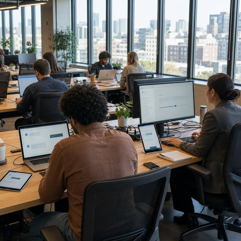 A modern open-plan technology co-working space filled with natural light from large windows overlooking an urban skyline features multiple anonymous individuals seated at wooden desks using laptops and tablets for AI interactions. In the foreground a casually dressed person viewed from behind leans over a silver laptop displaying a clean chat interface with simple conversational elements representing the Luna default model for free users while nearby another individual in business casual attire interacts with an advanced interface on a larger monitor showing detailed reasoning tools and a slider control symbolizing the Sol model for paid subscribers. Scattered across the desks are additional devices including tablets and smartphones all actively engaged in unlimited text-based exchanges with the AI systems. The environment includes ergonomic chairs potted plants and background figures of other generic users collaborating without any visible branding or text on screens. The scene captures the distinction between free tier access with basic unlimited chats and Think button functionality versus paid tier enhancements like improved factual accuracy and reasoning controls in GPT-5.6 updates to ChatGPT. Detailed elements include varied skin tones and hairstyles on anonymized figures clothing textures such as cotton shirts and denim jeans office supplies like notebooks and coffee cups on desks subtle reflections on glossy screens and a sense of productive daily workflow in a shared professional setting. Additional layers show cables neatly organized under desks charging stations with multiple devices connected and soft ambient lighting highlighting the contrast between standard user experiences and premium model capabilities. The overall composition emphasizes real-world adoption of these AI tools across different user categories in a bustling yet focused workspace environment grounded in OpenAI's model rollout for GPT-5.6 Luna and Sol variants.