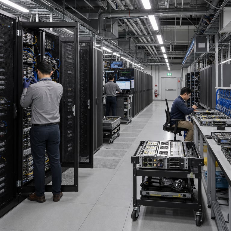 Inside a vast climate-controlled data center facility the scene shows rows of tall black server racks densely packed with graphics processing units networking cards and high-speed storage arrays all actively running inference workloads for advanced artificial intelligence systems. Anonymous technicians in neutral business casual clothing and identification badges work methodically at multiple stations one technician viewed from behind adjusts cabling on an open rack door revealing organized bundles of fiber optic lines and power distribution units another technician sits at a long metal workbench examining hardware components such as accelerator cards and cooling modules spread across the surface a third technician stands near a monitoring console reviewing system performance indicators on screens that display abstract graphs and numerical readouts without any legible text or branding. Overhead industrial air handling units and chilled water pipes run along the ceiling providing efficient thermal management while raised access flooring allows underfloor cabling and power delivery throughout the space. In the midground several wheeled carts hold spare server components and diagnostic tools emphasizing streamlined operations that reduce computational overhead. The entire environment features uniform gray and blue tones with subtle indicator lights blinking in patterns that suggest optimized resource allocation for large-scale model execution. Distant background reveals additional parallel aisles of identical racks extending into the facility depth with emergency exit signage and safety equipment mounted on walls all contributing to an atmosphere of permanent infrastructure improvements enabling lower operational expenses. The composition centers on the hardware density and human activity focused on maintenance and monitoring without any specific individuals facing the viewer or any visible corporate identifiers instead highlighting generic elements of modern AI inference infrastructure that support cost-efficient deployment of models for agentic applications and competitive positioning against rival offerings in the same category. Additional details include visible uninterruptible power supply cabinets neatly arranged along one wall bundles of ethernet cables color-coded for different network segments and ventilation grilles integrated into the rack doors all contributing to a hyper-detailed portrayal of efficiency gains in real-world AI production environments where reduced resource consumption directly translates to pricing advantages for specific model variants such as those optimized for input token processing in high-volume workloads.