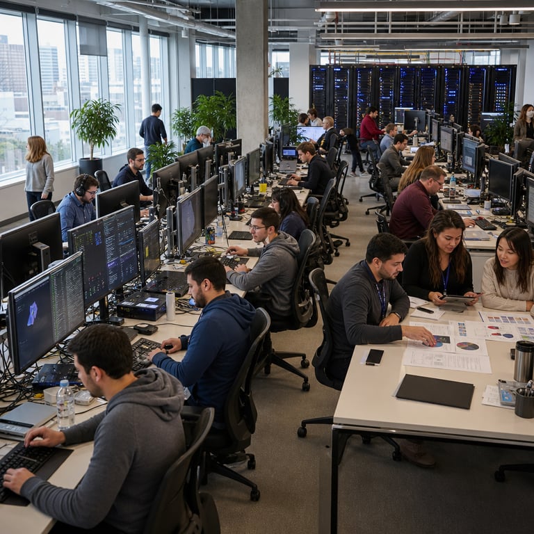 A spacious modern corporate open-plan office interior during daytime with natural light filtering through large windows overlooking an urban skyline features multiple anonymous professionals of diverse ages and backgrounds seated at long rows of ergonomic desks each equipped with several large computer monitors keyboards mice and external hard drives connected via visible cables and network routers the workers are actively engaged in high-volume computational tasks on their screens showing dense graphs charts code snippets and data streams representing enterprise API integrations and frontier AI model applications without any readable text or logos present on any surfaces or displays in the midground a group of four individuals collaborates around a central table reviewing printed reports and digital tablets illustrating broadened access to fast processing capabilities for large-scale workloads the background includes tall server racks with blinking indicator lights and cooling fans symbolizing the infrastructure supporting reduced-cost advanced AI tools like those for Sol and Luna variants along with Codex-related development environments the overall atmosphere conveys efficiency and expanded affordability through the organized layout of hardware setups multiple active workstations humming with activity stacks of reference materials and collaborative interactions among staff all grounded in a realistic photojournalistic capture of technology enterprise usage in a generic office setting devoid of any specific branding or identifiers the scene emphasizes the practical application of price-reduced frontier models in daily high-throughput business operations with details such as scattered USB drives power strips under desks ergonomic chairs adjusted for comfort subtle reflections on glossy monitor surfaces varied clothing styles from business casual to tech hoodies and the presence of potted plants adding to the lived-in professional environment extending the view to include distant figures walking between cubicles carrying laptops and folders reinforcing the theme of widespread access to Sol fast options and Terra capabilities integrated into ChatGPT Work style enterprise tools across the floor plan with every element contributing to a dense composition of real-world technology deployment focused on volume efficiency and cost accessibility.