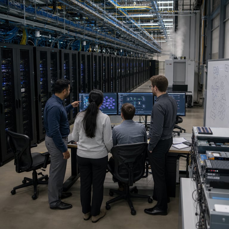 A vast enterprise data center interior filled with neatly aligned rows of tall black server racks featuring subtle ventilation grilles and indicator lights in cool blue tones, representing Amazon Bedrock infrastructure supporting OpenAI GPT-5.6 Sol flagship, GPT-5.6 Terra balanced, and GPT-5.6 Luna efficient models. In the foreground an anonymous group of four professionals wearing neutral business casual attire including dark slacks and plain collared shirts stand with backs partially turned to the camera around a shared wide desk holding multiple flat monitors displaying abstract colorful flow diagrams and code structures without any legible characters. One individual gestures toward the screens while others observe attentively, symbolizing collaborative agentic coding and advanced reasoning workflows now accessible to AWS customers. The environment includes visible cabling bundles in organized trays overhead, cooling units along the walls emitting faint vapor, and distant racks receding into perspective under uniform overhead lighting that creates soft reflections on polished concrete floors. Additional details include ergonomic office chairs positioned around the desk, a whiteboard covered in non-text geometric sketches illustrating model interconnections and pricing parity concepts, scattered notepads with blank pages, and small hardware components such as network switches and storage drives placed methodically on side tables to evoke efficient resource matching. The overall composition captures a live-action moment of technical integration where the Sol flagship variant drives intensive reasoning tasks, the Terra model balances workloads across multiple inference engines, and the Luna efficient variant optimizes for cost-aligned operations within existing AWS commitments, all conveyed through the physical arrangement of servers, collaborative human postures, and hardware configurations without any words or logos present. Subtle depth is added by reflections on glass server doors, varied textures of metal racks contrasted with fabric clothing, and the spatial layering of foreground activity against background infrastructure extending the narrative of frontier model availability through Bedrock to enterprise users focused on coding automation and logical problem solving.