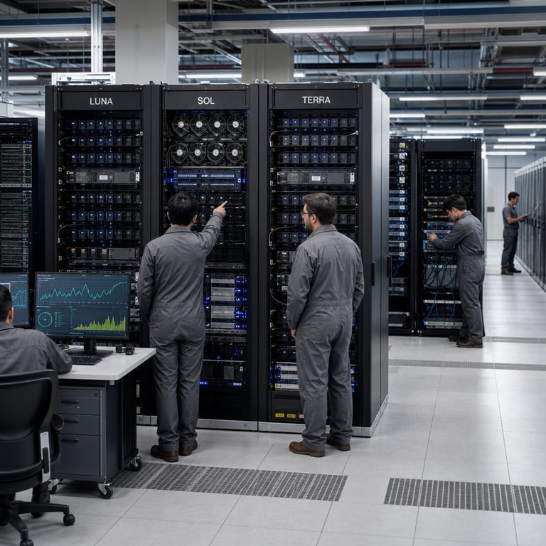 Inside a vast illuminated data center facility operated by a leading artificial intelligence research organization rows of tall black server racks stretch into the distance under cool overhead lighting each rack filled with densely packed graphics processing units and specialized inference hardware one central rack features enhanced cooling systems and additional high-bandwidth memory modules representing the flagship Sol variant of the GPT-5.6 series two adjacent racks display standard configurations symbolizing the Terra and Luna variants with slightly fewer accelerators and lower power draw setups anonymous technicians wearing neutral colored coveralls and identification badges work methodically at nearby control stations examining performance readouts on multiple flat panel displays that show abstract graphs of agentic task completion rates benchmark scores and resource utilization metrics without any visible lettering one technician points toward a rack while another adjusts cabling on a Terra unit in the background a separate area holds older generation hardware from competitor manufacturers including dense wafer-scale engine clusters associated with Cerebras and multi-node training arrays linked to Anthropic development of Claude Mythos 5 the overall composition shows simultaneous operation of multiple model tiers highlighting cost optimization through varied hardware allocations across the facility floor cables snake neatly between racks and raised flooring panels reveal underfloor cooling ducts maintaining optimal temperatures for continuous model preview workloads generic figures move between stations carrying diagnostic tablets and toolkits focused on scaling agentic capabilities while addressing competitive pressures from rival organizations through differentiated deployment strategies the environment conveys a controlled professional atmosphere of iterative frontier model releases with emphasis on hardware diversity supporting Sol as the primary high-performance option alongside mid-tier Terra and efficient Luna configurations all integrated within the same expansive facility dedicated to advancing large language model frontiers.