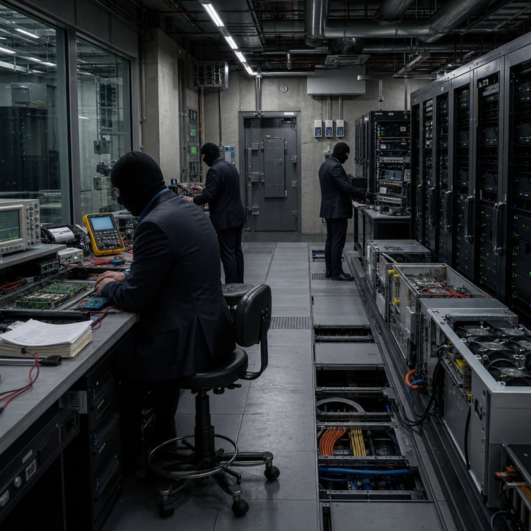 Inside a secure windowless cybersecurity operations facility with reinforced concrete walls and heavy blast doors a group of anonymous technicians wearing plain dark business attire and face coverings work at long rows of generic black server racks and industrial workstations the technicians have their backs turned to the viewer as they examine physical hardware components including circuit boards cooling fans and cable bundles that connect to large metal enclosures the room features rows of blinking status lights on equipment racks overhead ventilation ducts with filtered air flow and multiple redundant power supply units mounted on the floor the environment includes diagnostic tools such as oscilloscopes multimeters and portable network analyzers placed on metal workbenches along with stacks of unlabeled technical manuals and printed diagrams showing network topology maps and code flow charts the floor has raised access panels revealing bundles of fiber optic cables and power lines running beneath the scene emphasizes efficiency in vulnerability research through visible hardware patching stations where components are being swapped and tested the facility includes isolated air gapped computing zones separated by thick glass partitions and biometric access panels the overall setting conveys gated access to advanced frontier capabilities for trusted defenders with emphasis on exploit validation and rapid patching workflows the background shows additional server towers with active cooling systems and environmental monitoring sensors mounted on walls the lighting is even and functional highlighting the metallic surfaces of the equipment and the focused posture of the technicians engaged in methodical hardware and software inspection tasks the entire composition remains strictly photojournalistic capturing a single continuous real world moment without any visible markings symbols or interfaces on the equipment surfaces
