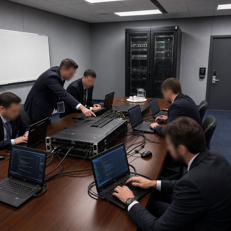 Inside a secure windowless briefing room of a federal office building in Washington DC with reinforced concrete walls painted matte gray and heavy steel doors secured by electronic badge readers a group of anonymous individuals wearing dark business suits and lanyards with blank ID holders sit around a long rectangular oak conference table. On the table rest multiple black government-issued laptop computers connected by thick black Ethernet cables to a central rack-mounted server array labeled only with small metallic asset tags. One laptop screen displays an active API terminal interface connected to OpenAI systems running the GPT-5.6 Sol flagship model executing agentic coding sequences evaluated against Terminal-Bench 2.1 benchmarks while adjacent laptops show parallel sessions involving GPT-5.6 Terra and GPT-5.6 Luna variants. The individuals lean forward examining the hardware setups with one person pointing at a server module and another typing commands on a keyboard. In the background a locked server cabinet contains additional GPU arrays and cooling units with status indicator lights glowing green. The floor features industrial carpet in navy blue and the ceiling holds recessed fluorescent panels providing even illumination. A whiteboard on one wall remains blank and a water pitcher with paper cups sits unused at the far end of the table. The entire composition centers on the physical coordination between the hardware terminals the server rack and the anonymous suited figures engaged in the restricted preview session without any visible text logos or markings on equipment or surfaces.