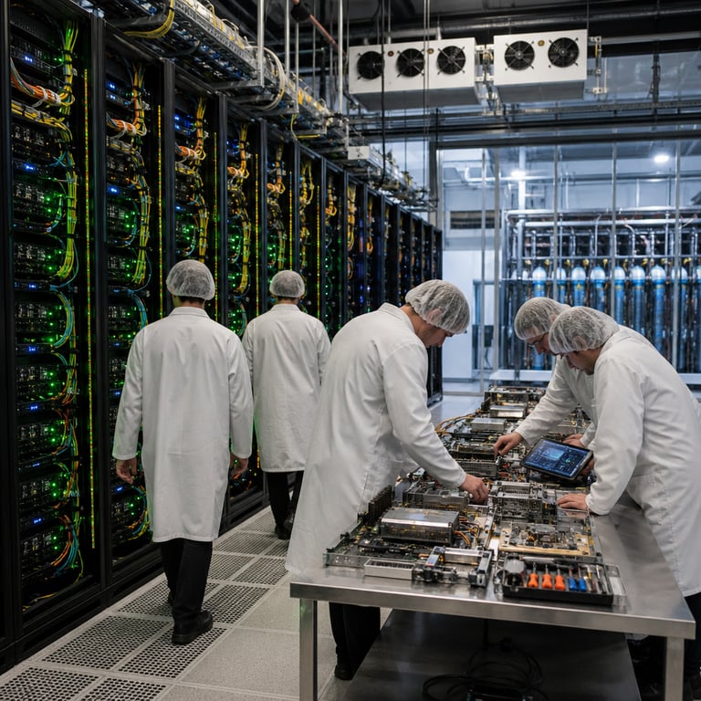 Inside a vast secure data center facility operated by a leading artificial intelligence research organization rows upon rows of tall black server racks stretch into the distance filled with densely packed compute modules connected by thick bundles of multicolored fiber optic cables and power lines technicians wearing plain white lab coats and hair nets walk slowly between the aisles their backs turned to the viewer as they inspect hardware panels and cooling systems overhead massive HVAC units hum quietly with condensation dripping from pipes along the ceiling LED status indicators blink in steady green and blue patterns across the rack fronts without any visible markings or displays a central open area features a long stainless steel table covered with printed circuit boards testing equipment and diagnostic tools several anonymized figures lean over the table examining components one person holds a tablet device showing abstract graphical readouts with no legible characters or numbers in the background through a large glass partition another section reveals additional server banks with liquid cooling manifolds and backup battery arrays the floor is raised with perforated tiles allowing cool air to flow upward the entire environment conveys the scale of infrastructure supporting advanced model development and evaluation for complex reasoning systems and efficiency benchmarks the lighting is even and functional with no shadows obscuring details cables are neatly organized in trays along the walls emergency signage is absent to avoid any textual elements the scene emphasizes the physical hardware and human oversight involved in deploying tiered model families focused on factual accuracy improvements and reduced computational costs in benchmark evaluations like abstract reasoning challenges all elements remain grounded in real-world technology infrastructure without any symbolic or illustrative additions