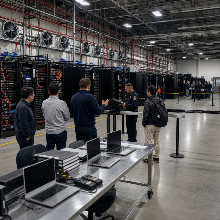Inside a expansive secure data center facility belonging to a leading artificial intelligence research organization several generic anonymous technicians in standard business casual attire with faces turned away or partially obscured by distance stand clustered near a central checkpoint barrier where a uniformed security officer reviews access credentials on a clipboard. Rows of tall black server racks fill the background extending deep into the facility with visible bundles of colorful network cables snaking between units and large industrial cooling vents mounted along the ceiling and walls. Three distinct clusters of hardware racks are separated by temporary cordoned off zones using yellow safety tape and movable barriers indicating restricted sections one cluster features enhanced cooling modules and reinforced chassis suggesting advanced model safeguards another shows standard configurations and the third has additional monitoring equipment attached. In the foreground a long metal table holds open laptop computers without any visible screens content alongside stacks of unlabeled technical binders and portable diagnostic tools. The overall environment includes polished concrete flooring reflective metal surfaces on the racks and distant emergency exit signage without lettering. Multiple figures appear engaged in quiet discussion with one person gesturing toward the blocked server areas while others observe from behind the barrier line. Additional elements include wall mounted fire suppression systems overhead piping for liquid cooling distribution and floor level power distribution units connected to the racks. The scene conveys controlled access with the security checkpoint positioned to limit entry into the main hardware zones representing regulatory oversight on preview deployments of multiple frontier model variants from the organization alongside competitor references symbolized by separate equipment groupings in the far background. Every detail emphasizes real world industrial elements like ventilation grilles cable management trays and safety protocols in a functional technology infrastructure setting without any overlaid information or markings on objects.