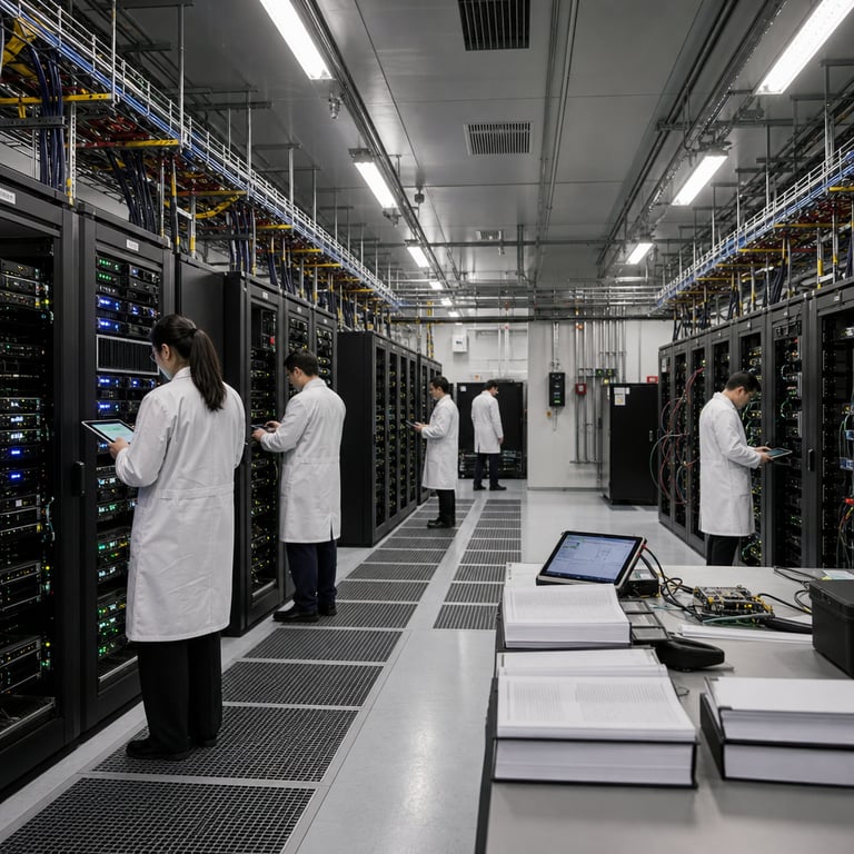 Inside a high-security windowless federal data center facility dedicated exclusively to trusted partner technology evaluations under U.S. government coordination protocols a group of anonymous technicians wearing plain white lab coats and unmarked security badges stand at multiple rows of tall matte black server racks filled with dense arrays of processing modules indicator lights in green and blue tones and neatly bundled multicolored fiber optic cables running along reinforced metal trays the leftmost rack configuration features a compact streamlined arrangement of hardware units representing reduced computational overhead for matching top cyber benchmarks at one-third token usage while the central racks display standard density setups and the rightmost area shows minimalistic low-profile hardware arrays indicating half operational expenses and lowest pricing tiers cooling fans hum beneath grated floor panels anti-static matting covers the entire concrete surface power distribution units line the perimeter walls alongside ventilation grilles and secure access control panels with biometric scanners tables nearby hold stacks of plain technical binders portable diagnostic tablets connected by thick cables and calibration tools scattered across the workspace overhead fluorescent lighting illuminates the entire scene revealing additional server bays with cable management systems overhead cable trays emergency shutdown stations and reinforced steel doors with electronic locks creating an atmosphere of professional controlled assessment focused on efficiency comparisons between advanced AI systems from OpenAI and competing models in a real-world live action setting with all elements grounded in hardware environments and generic figures without any markings or identifiers visible on equipment or surfaces