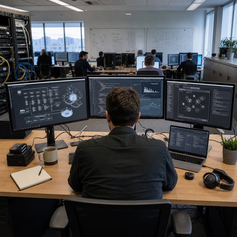 In a modern open-plan cybersecurity research office at SpecterOps a generic professional analyst sits at a large wooden desk facing away from the viewer with shoulders hunched over multiple computer screens connected by thick black cables the left monitor displays layered diagrams of browser engine internals including abstract representations of JavaScript execution pipelines and memory structures associated with Chrome V8 from Google the central screen shows dense blocks of source code snippets alongside graphs tracking exploit development progress metrics while the right screen presents an AI interface window with structured output panels indicating boosted performance from a purpose-trained model called GPT-5.6-Cyber linked to the Daybreak Red initiative the analyst wears a plain dark button-up shirt and uses a wireless keyboard and mouse with a second laptop open nearby displaying comparative results where standard models like GPT-5.6 Sol and Daybreak Blue exhibit low completion rates on similar vulnerability queries the desk surface holds generic office items including a ceramic coffee mug several external hard drives stacked neatly a notebook with blank pages a pair of over-ear headphones resting beside a small potted plant and tangled Ethernet cables running to a rack of servers visible in the background the office environment features additional workstations with similar multi-monitor setups occupied by other anonymized figures in business casual attire engaged in parallel research tasks on hardware security topics the walls are lined with whiteboards covered in non-legible schematic drawings and the floor includes modular carpet tiles under rolling office chairs the overall composition centers on the primary analyst workstation emphasizing the integration of advanced AI assistance for approved cybersecurity tasks involving Google Chrome components without any readable text visible anywhere in the scene the background includes filing cabinets with labeled but blank drawers and a large window showing an urban cityscape outside the entire view captures a single live-action moment of focused technical work grounded in OpenAI model applications for Daybreak Red vulnerability research