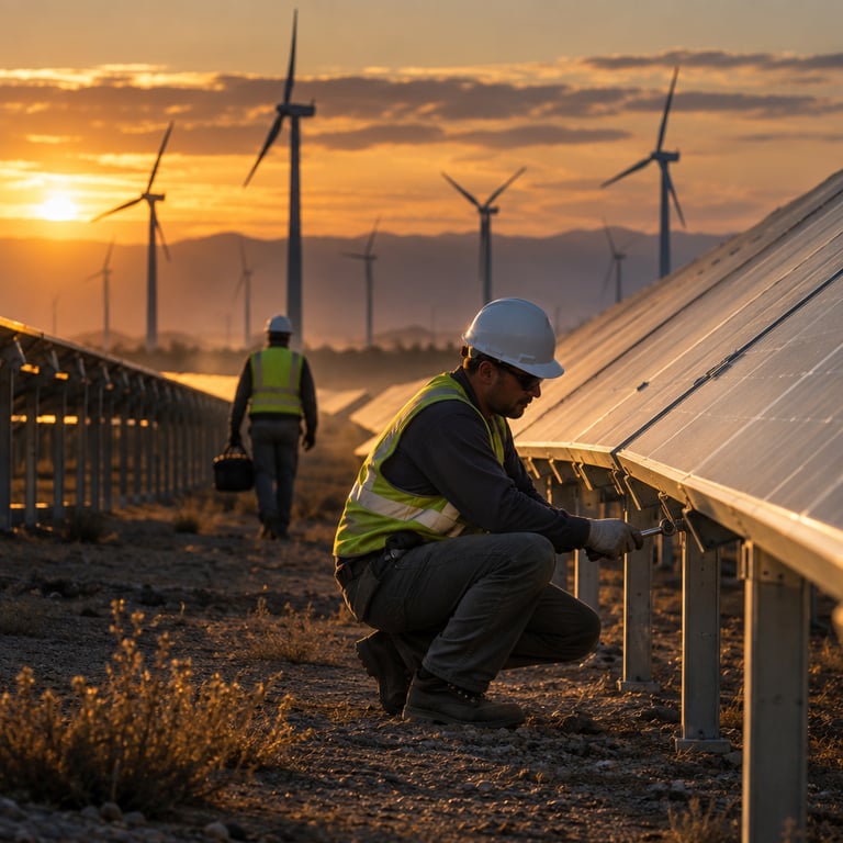 Technician adjusting solar panel at dusk, referencing GPT-6.1 Sol's efficiency.