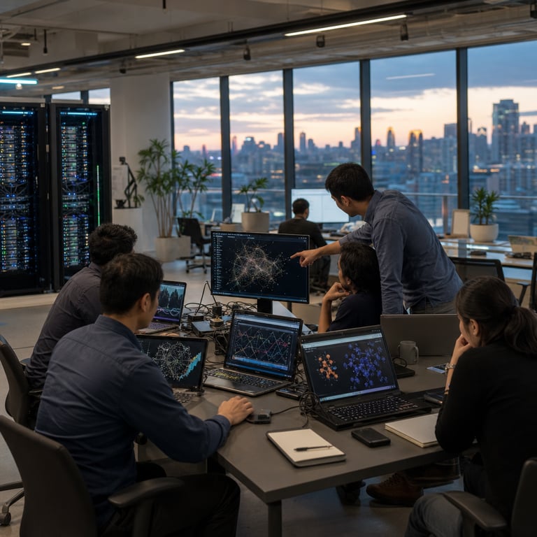Inside a spacious modern open-plan technology research facility with floor-to-ceiling windows overlooking an urban skyline at dusk, a team of anonymous engineers wearing casual business attire sit and stand around a long polished conference table covered with multiple open laptops, external hard drives, and tablet devices all displaying complex abstract data visualizations including line graphs of performance metrics, network diagrams for cybersecurity testing, molecular structure simulations for scientific workflows, and layered neural network architectures without any readable text or numbers. The engineers are captured from behind or in side profile with faces obscured to maintain anonymity, one engineer pointing at a screen showing intricate cybersecurity benchmark patterns while another reviews dense scientific simulation outputs on a separate device, cables and adapters neatly organized across the table surface, in the mid-ground several tall server racks with blinking indicator lights and cooling fans visible through transparent panels stand against a neutral wall, potted plants and minimalist furniture add to the professional workspace atmosphere, soft ambient lighting from overhead fixtures and natural evening light from the windows illuminates the entire scene creating realistic depth with reflections on glossy screen surfaces and metallic hardware components, the overall composition centers on the collaborative workspace environment representing advanced artificial intelligence development efforts focused on record-setting model performance in security and science domains during an initial rollout phase to selected users and developers, additional details include scattered notebooks with blank pages, ergonomic office chairs, subtle branding-free tech accessories like wireless mice and charging cables, background elements showing partial views of adjacent cubicles with similar workstation setups, all elements grounded in a realistic live-action corporate research setting that directly references the release of a new frontier AI model achieving perfect scores on specialized benchmarks and signaling broader progress toward artificial general intelligence capabilities through strong results in multiple technical domains.