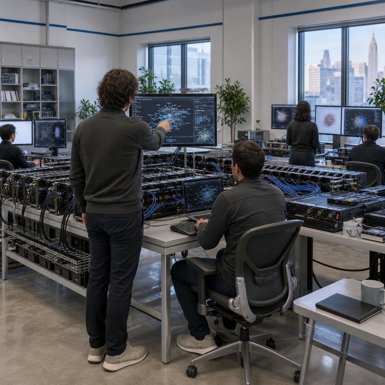 Inside a brightly lit high-tech laboratory at an OpenAI research facility anonymous engineers in neutral professional clothing sit and stand around multiple long workbenches covered with dense server racks containing rows of graphics processing units connected by thick bundles of black and blue network cables all neatly routed through cable management trays. The central focus shows one engineer from behind pointing at a large monitor displaying layered neural network diagrams and abstract cybersecurity simulation graphs representing autonomous reasoning processes while another engineer seated nearby types on a keyboard attached to a laptop linked to the main hardware array. Additional anonymous figures examine secondary screens showing benchmark-style visual outputs without any lettering or numbers present. The room includes polished concrete floors reflecting overhead lighting rows of identical ergonomic office chairs pushed under desks potted green plants placed along the perimeter large windows revealing an urban skyline in soft daylight wall panels in matte white with faint blue trim and background elements such as closed metal cabinets holding spare components neatly stacked reference books on shelves and small side tables holding plain ceramic mugs. Every cable connector cooling vent fan grille and power supply unit is rendered with precise realistic detail including subtle dust patterns on surfaces reflections on glass monitor bezels and the texture of fabric on clothing. The composition emphasizes collaborative review of advanced AI model safeguards after meeting internal preparedness criteria for elevated cyber risk management tied to frontier model development including visual cues of hardware used for testing autonomous capabilities in systems like GPT-6 Astra alongside references to ExploitBench style evaluations and related frameworks. Further intricate details fill the scene with visible rackmount chassis ventilation holes organized power distribution units secondary monitor stands adjustable desk heights keyboard wrist rests mouse pads in solid colors and faint shadows cast by equipment creating depth across the entire workspace. The atmosphere conveys focused technical work on new safeguards for heightened cyber thresholds in a secure professional environment without any text logos or identifiable individuals present throughout the realistic live-action setting.