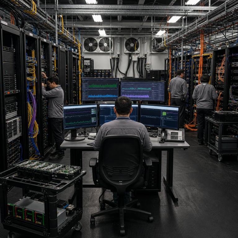 In a vast corporate data center facility dedicated to cloud AI infrastructure deployment a team of anonymous technicians in neutral colored professional attire works methodically among rows of tall black server racks equipped with glowing indicator lights and dense bundles of multicolored network cables snaking across the floor and into overhead trays the environment features prominent Microsoft Azure branded hardware units integrated alongside AWS Bedrock compatible server arrays all interconnected through heavy duty power distribution units and cooling ventilation systems with large industrial fans circulating air the central focus shows a control console area where multiple flat panel displays present complex performance graphs and benchmark saturation metrics without any visible lettering or symbols one technician adjusts connections on a rack labeled internally for GPT-6 Astra model hosting while another reviews API integration points for ChatGPT service expansions and Codex related computational workloads the floor is covered in anti static matting with wheeled carts holding spare components such as GPU modules and memory banks scattered around the periphery are additional racks supporting hybrid cloud setups with visible Ethernet switches and fiber optic transceivers linking the systems the overall atmosphere conveys high stakes technological rollout activity with subtle indicators of rate limit management through status panels showing capacity utilization the scene includes generic back turned figures examining hardware configurations representing the availability of the new model through various subscription plans the lighting is uniform overhead fluorescent supplemented by rack mounted LEDs creating a functional workspace devoid of any personal identifiers or readable markings on equipment the background extends into deeper aisles of identical infrastructure emphasizing scale and redundancy in the deployment environment with emphasis on physical elements like cable management arms server chassis doors open for maintenance and diagnostic tools placed on nearby surfaces all elements strictly limited to hardware objects and anonymized human presence in a live action industrial setting that directly reflects the multi platform rollout across Microsoft Azure AWS Bedrock and associated AI services without any external branding text or identifiable individuals the composition captures the moment of operational readiness with technicians performing final checks on the interconnected systems supporting advanced model capabilities and compensatory access mechanisms for users across ChatGPT platforms and API endpoints the detailed foreground includes precise arrangements of patch panels with organized cable runs power supply units with status LEDs and cooling ducts integrated into the rack structures while midground shows collaborative activity among the technicians handling different aspects of the infrastructure from network configuration to hardware verification extending the view into background rows of servers representing the full scope of the cloud based availability for the GPT-6 Astra system and its benchmark performance achievements the entire scene is grounded exclusively in tangible real world elements such as metal server enclosures plastic cable ties rubber matting and electronic component arrays arranged to illustrate the story of frontier model deployment without any artistic embellishments or non photographic elements