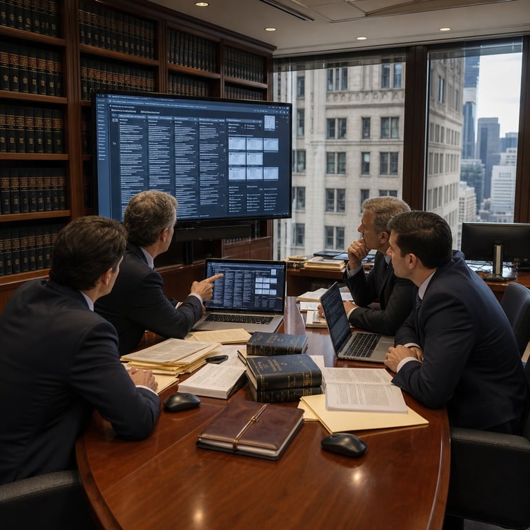 Inside a spacious corner office on a high floor of a historic stone building housing a top-tier international law firm in downtown Manhattan, four anonymous lawyers in dark business suits sit around a long polished mahogany conference table covered with open manila folders, thick bound case volumes, and multiple open laptops displaying complex legal database interfaces. The room features floor-to-ceiling bookshelves packed with rows of uniform dark-bound legal reporters and treatises, large windows revealing a blurred city skyline with other skyscrapers visible beyond, and a single large wall-mounted monitor showing a dense grid of case citations and document previews. One lawyer gestures toward the central laptop screen while the others lean in attentively, their faces turned toward the display. On the table surface lie scattered printed contracts, a leather-bound notebook, and several wireless mice. The lighting comes from overhead recessed panels and natural daylight streaming through the windows, illuminating the polished wood grain of the table and the fabric texture of the upholstered chairs. In the background, a second smaller table holds additional stacks of legal files and a desktop computer tower with visible cabling. The overall composition centers on the collaborative interaction between the professionals and their digital research tools in this professional legal environment, emphasizing the integration of advanced artificial intelligence systems for specialized legal research tasks within a real-world law firm setting that has received early trusted access to the new platform combining large-scale language models with an extensive index of legal documents and custom analysis features initially rolled out to select practices including those handling complex corporate and litigation matters.