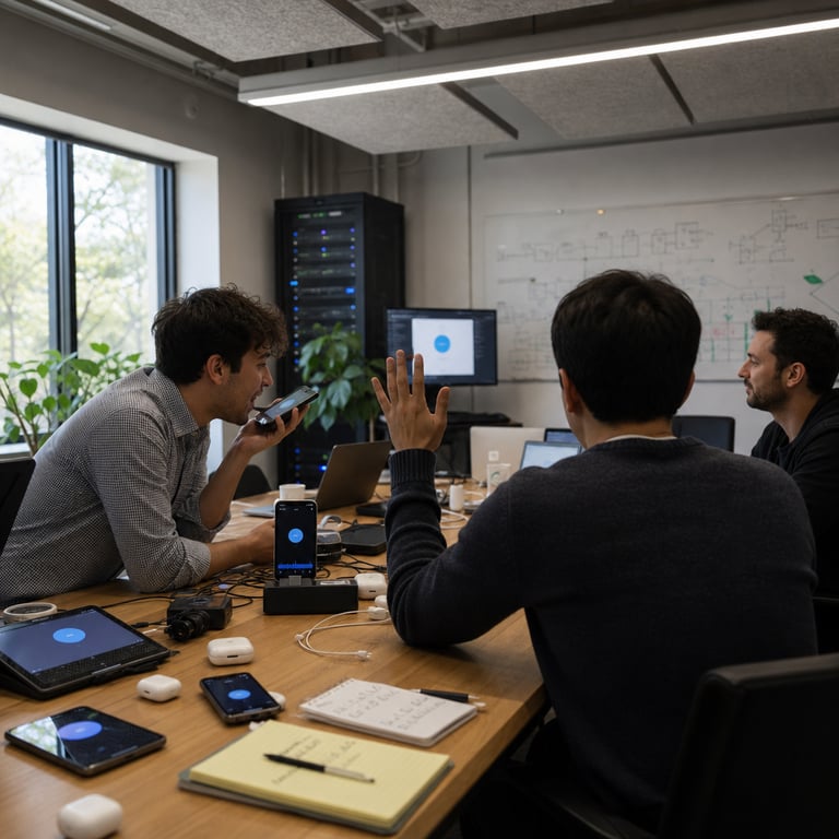 Inside a contemporary open-plan technology office associated with OpenAI development work, several anonymous professionals sit at a long wooden conference table covered with various consumer hardware devices including smartphones, tablets, and laptops all actively running voice interfaces. One individual in a casual button-down shirt leans forward speaking directly into a smartphone microphone while another person across the table raises a hand in a natural interruption gesture, illustrating full-duplex conversation flow. A third figure seated nearby listens with subtle head nods representing backchannel feedback. The room features large windows with natural daylight illuminating neutral-colored walls, potted plants, and scattered notebooks and cables. On the table sit multiple wireless earbuds cases, external microphones, and charging docks connected to the devices. The professionals wear generic business-casual attire with no visible logos or text, their faces turned away or partially obscured to maintain anonymity. The scene captures the replacement of older cascaded voice pipelines through seamless real-time interaction where speech overlaps naturally without delay. Additional hardware includes a desktop monitor displaying waveform-free interfaces and a nearby server rack with indicator lights suggesting backend processing for the unified GPT-Live-1 architecture. The environment includes ergonomic chairs, acoustic panels on the ceiling, and a whiteboard in the background covered in abstract diagrams without any readable content. The overall composition emphasizes collaborative developer testing of the new model in a realistic workspace setting focused on API experimentation and natural voice dynamics between humans and the system.