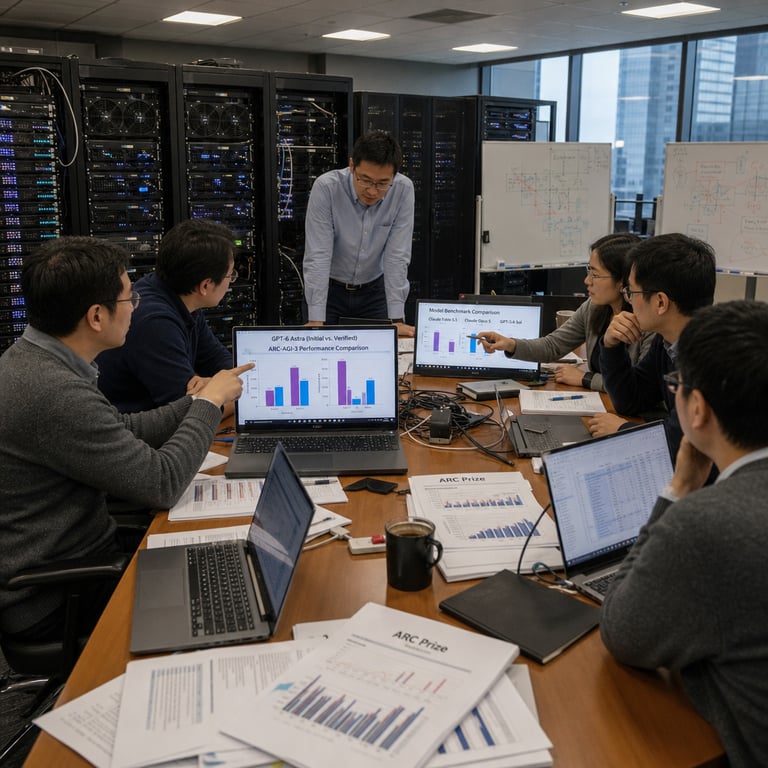 In a spacious modern technology research laboratory within a large corporate office building several anonymous researchers wearing neutral business casual clothing without logos or identifying marks are gathered around a wide wooden conference table covered in scattered printed paper reports notebooks and multiple open laptop computers connected by tangled cables the researchers some viewed from the side or back are intently examining detailed graphs bar charts and line plots on the laptop screens and printed sheets that visually compare initial reported performance metrics against independently verified lower scores for advanced frontier artificial intelligence models one prominent laptop screen displays side by side data visualizations showing substantial gaps in benchmark results for a cutting edge model associated with GPT-6 Astra evaluations on ARC-AGI-3 tasks another nearby monitor shows comparative charts involving competing systems including references in context to Anthropic developed models such as Claude Fable 5.1 and Claude Opus 5 as well as prior iterations like GPT-5.6 Sol the background features rows of tall black server racks filled with visible GPU hardware cooling fans and network cables indicating active high performance computing infrastructure for model testing the table also holds stacks of documents related to ARC Prize evaluations with researchers pointing at specific mismatched data points on the displays to highlight inconsistencies in evaluation metrics amid competitive pressures between organizations the scene includes additional elements such as wall mounted whiteboards with abstract diagrams and flowcharts extra laptops showing raw numerical tables of test outcomes coffee mugs pens and notepads scattered about large windows revealing an urban cityscape outside and overhead fluorescent lighting illuminating the entire workspace creating a focused atmosphere of analytical review and discussion on benchmark reliability issues in the field of frontier models the researchers exhibit concentrated body language with hands gesturing toward discrepancies in the visualized results emphasizing the real world process of revising scores after launch and cross checking against independent tests the entire composition centers on the hardware software interfaces and collaborative human activity directly tied to AI model assessment without any visible text or branding
