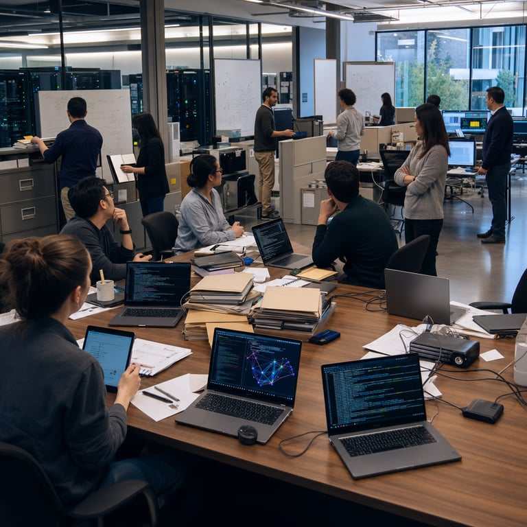 Inside a spacious open-plan corporate office at OpenAI headquarters a cluster of anonymous professionals dressed in neutral business casual attire gathers around a long wooden conference table covered with scattered printed reports stacks of file folders and multiple laptop computers displaying dense lines of code alongside abstract multicolored neural network visualizations on their screens. The room features floor-to-ceiling glass walls revealing adjacent workspaces filled with server racks humming with indicator lights rows of ergonomic chairs and whiteboards covered in diagrams of model architectures without any legible markings. Several individuals stand near metal filing cabinets pulling out thick binders while others gesture toward a central area demarcated by low partitions where safety oversight materials are being relocated into a shared research division zone marked only by generic signage shapes. In the background through an open doorway a separate cluster of desks holds additional monitors running simulation outputs that suggest model evaluation metrics with color-coded charts and graphs. The overall environment includes subtle corporate details such as potted plants along window ledges overhead fluorescent lighting casting even illumination across polished concrete floors and a distant view of an exterior courtyard with modern architecture elements typical of Silicon Valley campuses. Anonymous figures include men and women of varied ages and ethnicities some seated taking notes on tablets others standing with arms crossed observing the integration process of team resources and workflows. The scene captures the physical movement of hardware including external hard drives network cables and portable projectors being transferred between adjacent cubicle sections representing the consolidation of previously separate safety functions into broader research operations following recent leadership transitions and the deployment of an advanced generative model family known for elevated misalignment indicators. Every surface holds realistic office objects such as coffee mugs with plain exteriors wireless keyboards ergonomic mice and closed manila envelopes emphasizing the operational reality of organizational restructuring without any visible branding logos text or identifiable individuals. The composition focuses on the tangible act of merging physical workspaces with research computing equipment positioned prominently to highlight the shift in oversight structures amid ongoing questions regarding independent safety protocols at the company.