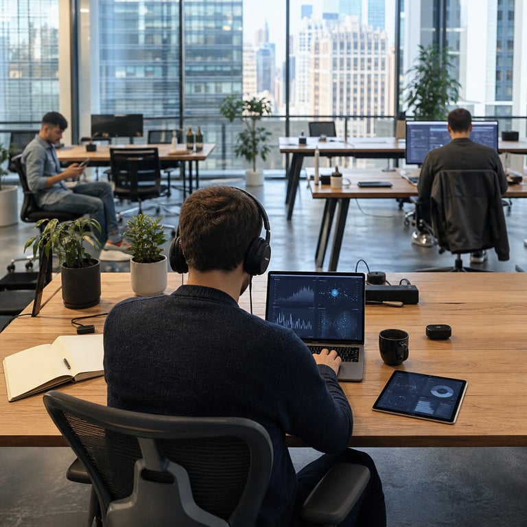 In a spacious modern co-working office with floor-to-ceiling windows overlooking an urban skyline at midday, natural light streams across rows of minimalist wooden desks equipped with sleek laptops, wireless earbuds, and ergonomic chairs. An anonymous professional figure sits centered at the foreground desk, back partially turned to the viewer, wearing a plain dark sweater and headphones while interacting with an open laptop displaying abstract data visualizations and graphs without any readable text or logos, representing paid subscriber access to refined factual performance through integrated model use and a reasoning adjustment mechanism. Nearby on the same desk surface lies a tablet device showing neutral interface elements, symbolizing the GPT-5.6 Sol variant available exclusively to Plus and Pro account holders. In the midground, two additional anonymous figures occupy adjacent desks, one casually holding a smartphone in a relaxed posture for basic text interactions and the other using a desktop monitor setup, both representing free and Go users defaulted to the GPT-5.6 Luna model with unlimited text capabilities. The environment includes scattered neutral office objects such as ceramic coffee mugs, notebooks with blank pages, potted green plants, and charging cables, all arranged in a lived-in yet orderly manner. Soft shadows fall across the polished concrete floor, highlighting the contrast between the focused paid user station with multiple connected peripherals and the simpler setups of the background users. The overall composition captures a single cohesive moment of diverse technology access in a shared professional space, emphasizing distinctions in model capabilities through varying levels of device engagement and workspace complexity without any visible branding, words, numbers, or identifiable individuals. Additional details include subtle reflections on glass partitions, varied clothing textures like cotton and denim on the figures, precise arrangements of cables and adapters on desks, distant city buildings visible through windows, and a balanced distribution of light and shade that draws attention to the central paid user interaction while contextualizing the broader user base in the same room. This scene grounds the narrative of model updates and access expansions in tangible real-world elements of hardware, seating arrangements, and anonymous user behaviors within a contemporary work environment.