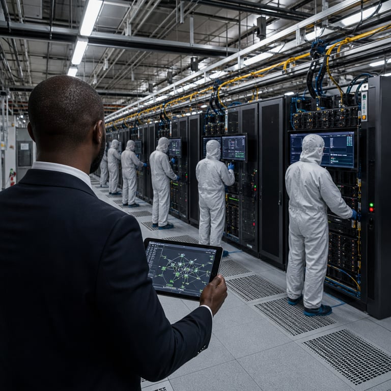 A realistic live-action photograph of an expansive enterprise-grade data center interior featuring multiple rows of tall black server racks filled with densely packed compute hardware including GPU clusters and high-density storage arrays all connected by thick bundles of fiber optic cables running along overhead trays and floor conduits. Anonymous technicians wearing standard white cleanroom suits and blue protective gloves stand with their backs to the camera at various workstations examining monitoring interfaces on large flat panel displays mounted on the racks showing abstract graphs and system status indicators without any readable text or logos. The environment includes visible cooling infrastructure with large industrial air handlers and chilled water pipes running along the ceiling along with red and green status indicator lights blinking on the equipment fronts. The floor consists of raised perforated tiles allowing for underfloor airflow and cabling management while the walls are lined with secure access panels and environmental control units. In the foreground a generic suited professional figure stands observing the server operations area holding a tablet device displaying complex network topology diagrams representing integrated compute and inference workloads. The overall setting conveys a controlled sovereign infrastructure environment with emphasis on hardware density security perimeters and enterprise-scale AI model hosting capabilities through the arrangement of identical rack units side by side symbolizing seamless partner integration of specialized compute resources within a larger corporate perimeter. Additional details include precise cable management trays color-coded in neutral tones power distribution units mounted on rack sides emergency lighting fixtures along the walkway and subtle reflections on polished metal server chassis surfaces under even overhead illumination creating a documentary-style capture of modern AI infrastructure operations focused on data control and localized model execution without any external branding or identifiable individuals.
