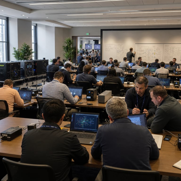 A spacious modern conference training room inside a large corporate facility hosts a Palantir bootcamp session with dozens of professionals seated at long rectangular tables arranged in rows facing a central demonstration area. Attendees wear business casual attire including collared shirts, blouses, and sweaters in neutral tones of gray, navy, and black. Each person works individually on open laptop computers connected to external hard drives and small server racks placed on the tables, displaying complex graphical interfaces with abstract data flow diagrams, neural network node structures, and ownership control dashboards without any visible text or logos. Participants from organizations such as Novartis engage in pharmaceutical data modeling exercises, while representatives from Cisco examine network security configurations for model isolation, McCarthy Building Companies review construction project dataset sovereignty protocols, Rackspace Technology staff configure cloud-independent infrastructure setups, and NATO-affiliated personnel explore alliance-level data governance frameworks. The room features neutral-colored walls, large windows allowing natural daylight, potted plants along the perimeter, and multiple whiteboards covered in handwritten diagrams of proprietary model architectures and data pipelines. In the background, racks of high-performance computing hardware including NVIDIA GPUs sit on wheeled carts ready for hands-on configuration sessions. Attendees lean forward over their devices, point at shared tablet screens showing model ownership verification workflows, and exchange notes on paper pads. The overall atmosphere conveys focused collaborative learning aimed at retaining full control over proprietary datasets and custom AI models rather than relying on external frontier labs. Additional details include varied hairstyles and skin tones among the anonymized participants, subtle lanyards with blank plastic holders, scattered USB drives and Ethernet cables on the tables, and a distant view through an open doorway revealing another adjacent session room with similar activity. The scene captures the scale of nearly two hundred organizations converging on educational events to achieve AI sovereignty through Palantir Technologies platforms in under thirty days of intensive bootcamp programming.