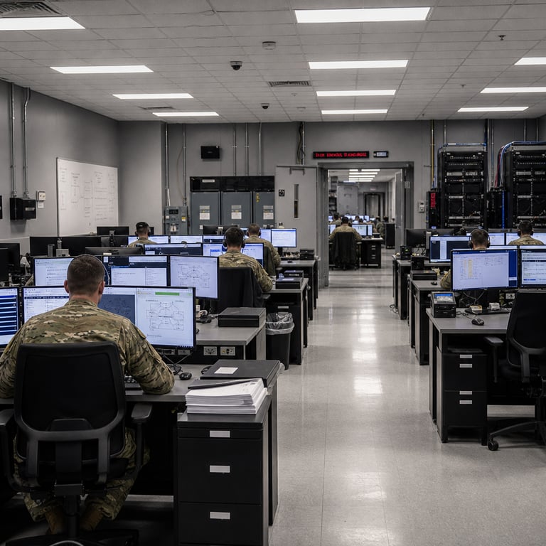Inside a vast secure operations center deep within the Pentagon building the Department of War maintains rows of identical government-issue desks arranged in precise parallel lines under bright overhead fluorescent panels each desk holding multiple flat-panel monitors keyboards and encrypted external hard drives connected by thick black cables to wall-mounted secure network routers and server racks humming quietly in the background generic uniformed personnel wearing standard camouflage fatigues with no visible insignia or faces shown sit with backs to the viewer operating the systems that provide access to the GenAI.mil portal now expanded to include accredited OpenAI and xAI models for controlled unclassified information tasks the personnel type on keyboards review data on screens and collaborate quietly around shared workstations while nearby metal filing cabinets labeled only with color-coded stickers hold physical documentation stacks of printed reports rest on desk corners and wall-mounted whiteboards display generic diagrams of workflow processes without any readable content the environment features reinforced concrete walls painted institutional gray heavy steel doors with electronic keypad locks overhead ventilation ducts and security cameras mounted in corners the entire scene conveys the scale of support for more than three million personnel through the sheer number of workstations and the organized efficient layout of the room with additional background elements including locked storage lockers for hardware components network switches blinking with status lights and a central briefing table covered in anonymized maps and reference binders all contributing to a realistic photojournalistic depiction of the secure integration of ChatGPT Mil and Grok for Government tools following the earlier Gemini deployment the lighting is even and functional the composition centers on the human-machine interaction in a real-world military administrative setting with every surface and object reflecting standard Department of War procurement specifications for classified and controlled information handling environments including cable management trays under desks ergonomic office chairs with fabric upholstery and waste bins containing shredded paper strips the overall atmosphere is one of focused professional activity in a hardened government facility dedicated to expanding artificial intelligence capabilities for defense personnel across the entire complex of interconnected rooms visible through open doorways leading to identical setups.