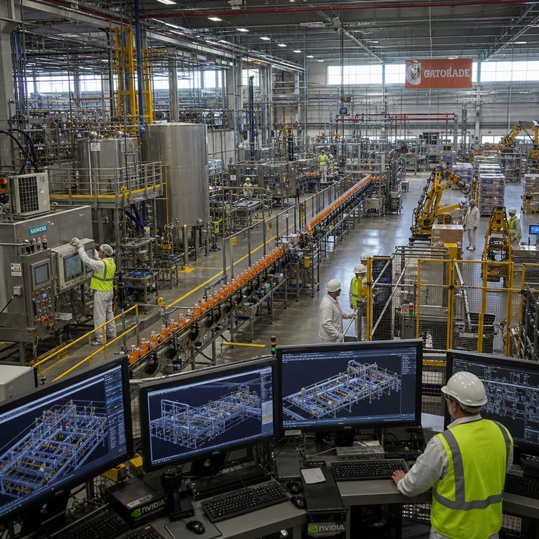 Inside a vast PepsiCo manufacturing facility dedicated to Gatorade production in the United States, a wide-angle view captures the main production floor where rows of stainless steel bottling machinery stand in precise alignment along extended conveyor systems carrying clear plastic bottles filled with bright orange liquid through sequential stages of filling, capping, labeling, and packaging. Anonymous workers wearing standard white uniforms, hair nets, and safety vests move methodically between stations, one individual adjusting a valve on a large mixing tank while another monitors flow rates on an adjacent control panel. In the mid-ground, a dedicated engineering area features multiple computer workstations arranged on sturdy metal tables, each screen displaying three-dimensional wireframe models of factory layouts that represent alternative configurations for equipment placement and workflow optimization, with cables connecting the stations to industrial-grade servers housed in nearby racks. Siemens hardware components including programmable logic controllers and sensor arrays are visibly integrated into the machinery along the line, while NVIDIA graphics processing units appear in the form of specialized compute modules mounted within the simulation workstations. Pallets stacked with cases of finished Gatorade products sit ready for distribution near loading docks at the far end of the hall, and overhead catwalks allow supervisors to observe operations below. The entire space shows evidence of recent layout adjustments with temporary barriers marking zones where new configurations have been implemented following virtual testing, including repositioned robotic arms for palletizing and reoriented conveyor segments that create smoother material flow. Natural light filters through high clerestory windows illuminating dust particles in the air above the active production line, while safety signage and floor markings guide foot traffic around active equipment. The scene conveys the tangible results of digital twin simulations applied across multiple sites, with physical hardware arrangements matching the optimized virtual plans tested earlier, demonstrating clear improvements in space utilization and throughput capacity without any visible digital overlays or abstract elements.