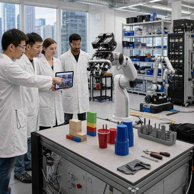 Inside a spacious modern robotics research laboratory with white walls and large windows overlooking an urban skyline a group of anonymous engineers wearing standard lab coats and safety glasses stand around a central workbench observing a single advanced robotic arm system performing precise object manipulation tasks. The robotic arm with multiple articulated joints and integrated multi-camera sensor arrays on its end effector carefully picks up colored blocks arranges them into specific patterns stacks cups without spilling and inserts tools into designated slots demonstrating unified video understanding and embodied control capabilities. On the workbench surface various everyday objects including wooden blocks plastic cups metal tools and fabric items are arranged in test configurations typical of standard manipulation benchmarks. Additional robotic hardware including a mobile base platform and secondary manipulator arms are positioned along the periphery of the lab space connected via visible cabling to server racks holding dense arrays of computing modules. The engineers point toward the active arm while one holds a tablet device displaying real-time sensor data feeds without any visible text or labels. Shelves along the back wall contain organized bins of spare parts electronic components and calibration tools. The overall environment features clean industrial flooring overhead ventilation ducts and soft natural light illuminating the workspace highlighting the integration of foundation model driven robotics technology in enterprise research settings focused on open weight model applications for physical intelligence tasks.